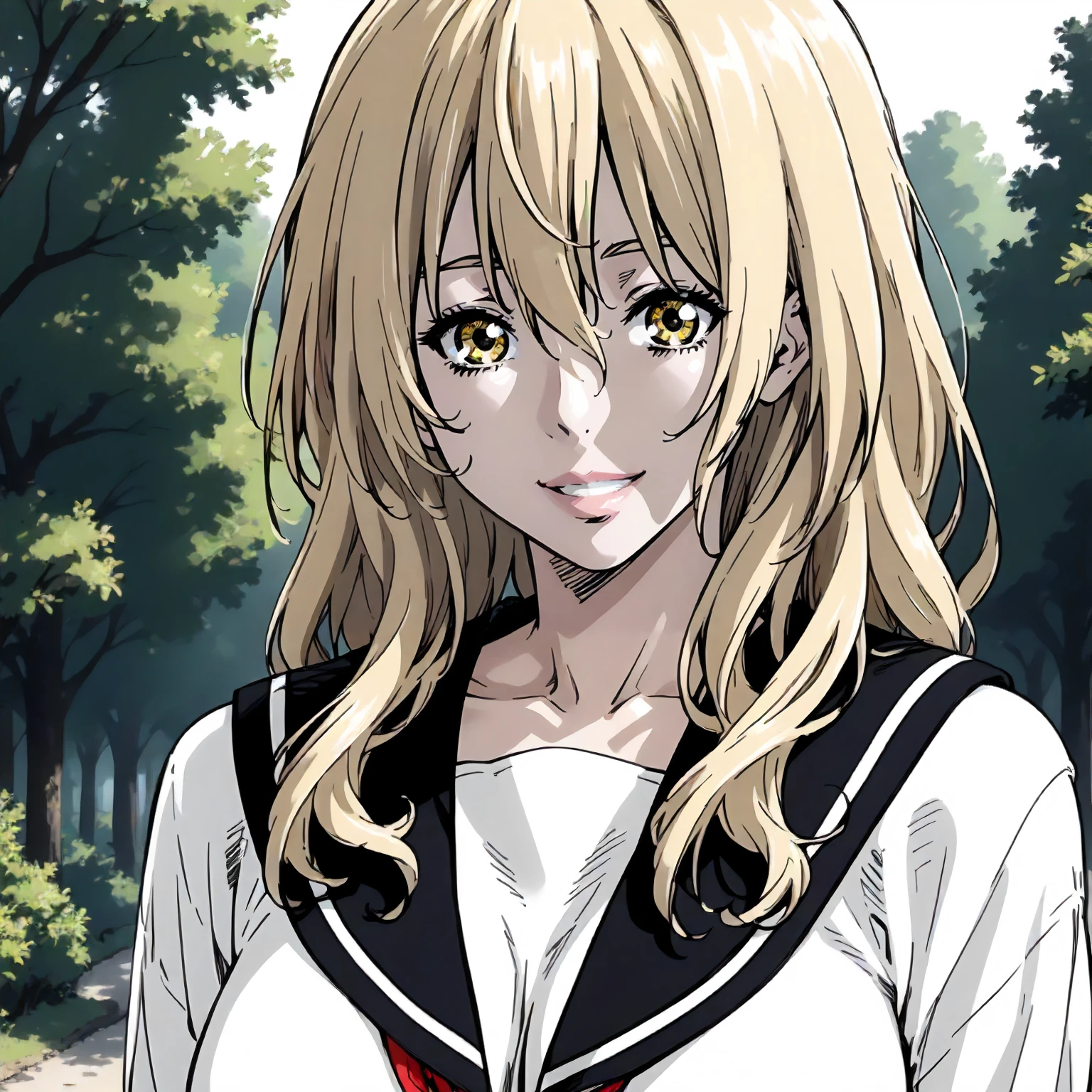 <lora:Us_EmaKaburagiXLpony001>,
outdoors,nature,
smile,parted lips,
solo,
EmaKaburagi,1girl,blonde hair,medium long hair,yellow eyes,
large breasts,
black sailor color,white shirt,long_sleeves,
upper body,
standing,