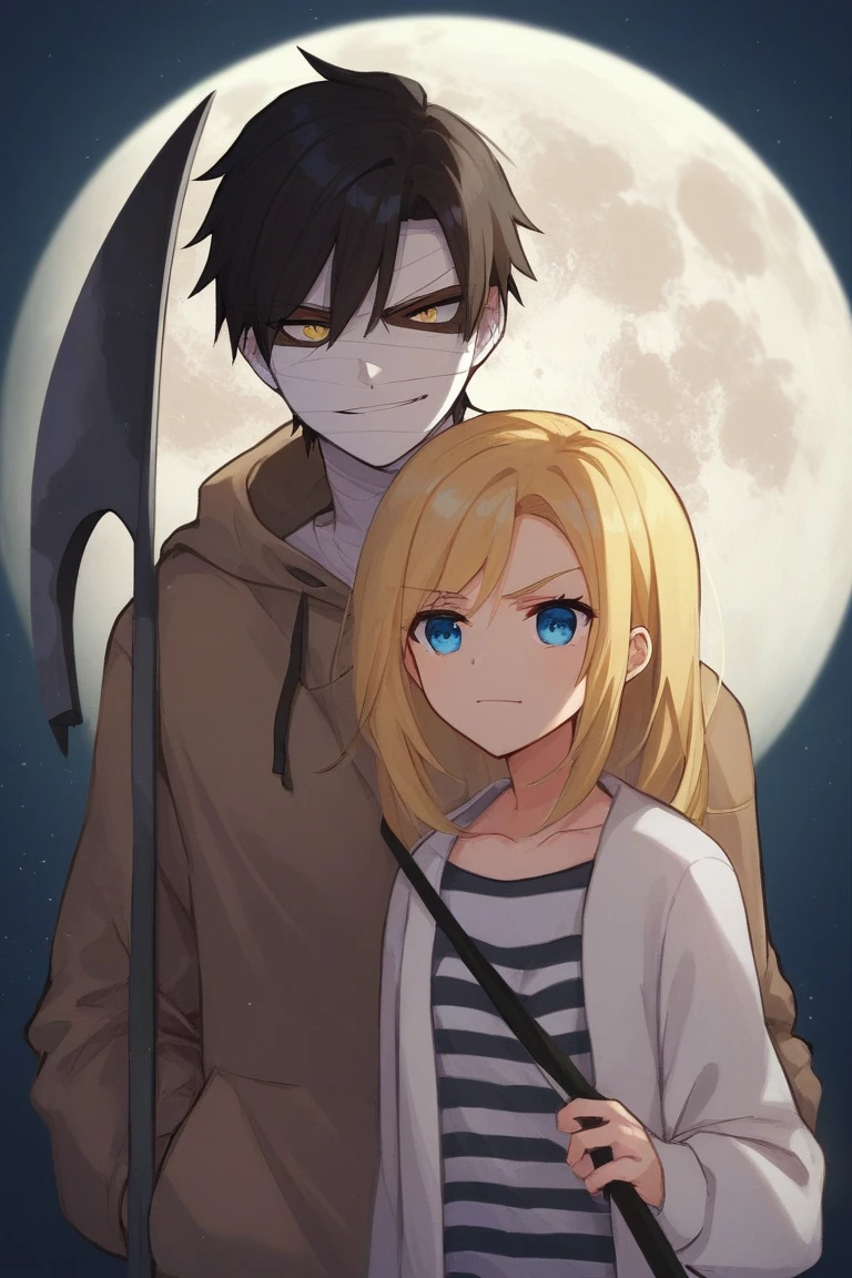 score_9, score_8_up:1.1), score_7_up, rachel gardner, 1girl, blue eyes, serious, petite, flat chest, white jacket, striped shirt, black purse BREAK
zack foster, 1boy, yellow eyes, black eyes, bandages, brown hoodie, smirk, holding scythe BREAK
rooftop, full moon, moonlight