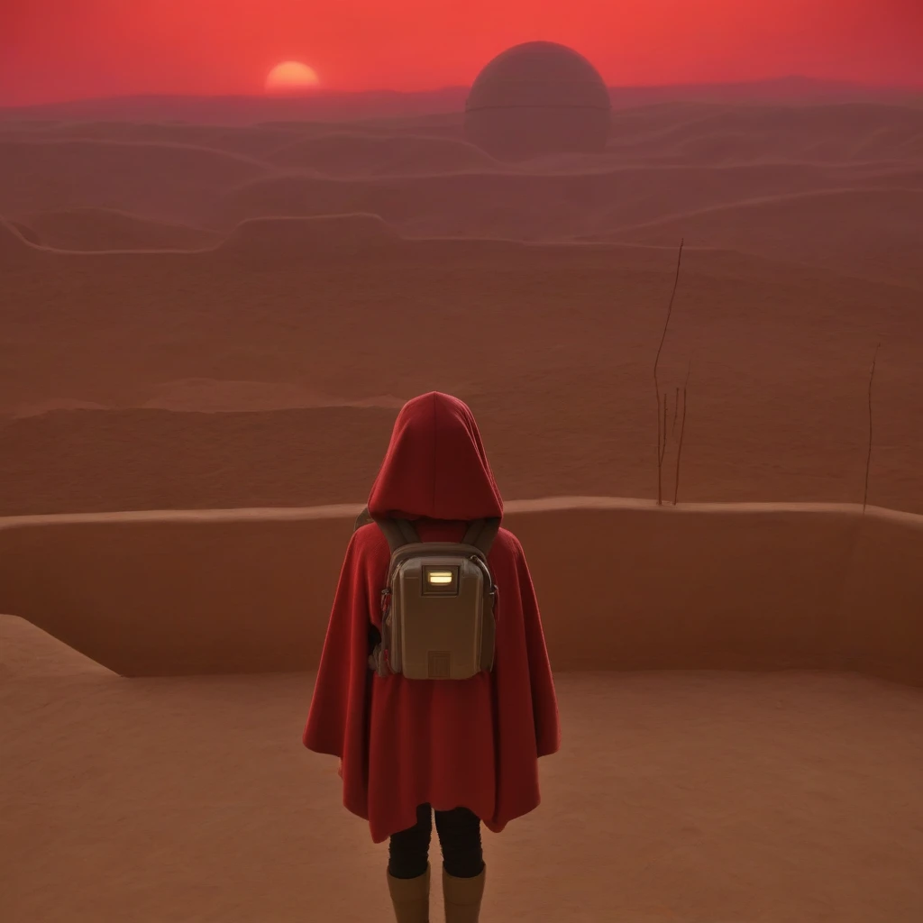 tatooine, homestead, star wars, solo, 1girl, outdoors, scenery, from behind, backpack, mountain, red sky, bag, hood, standing