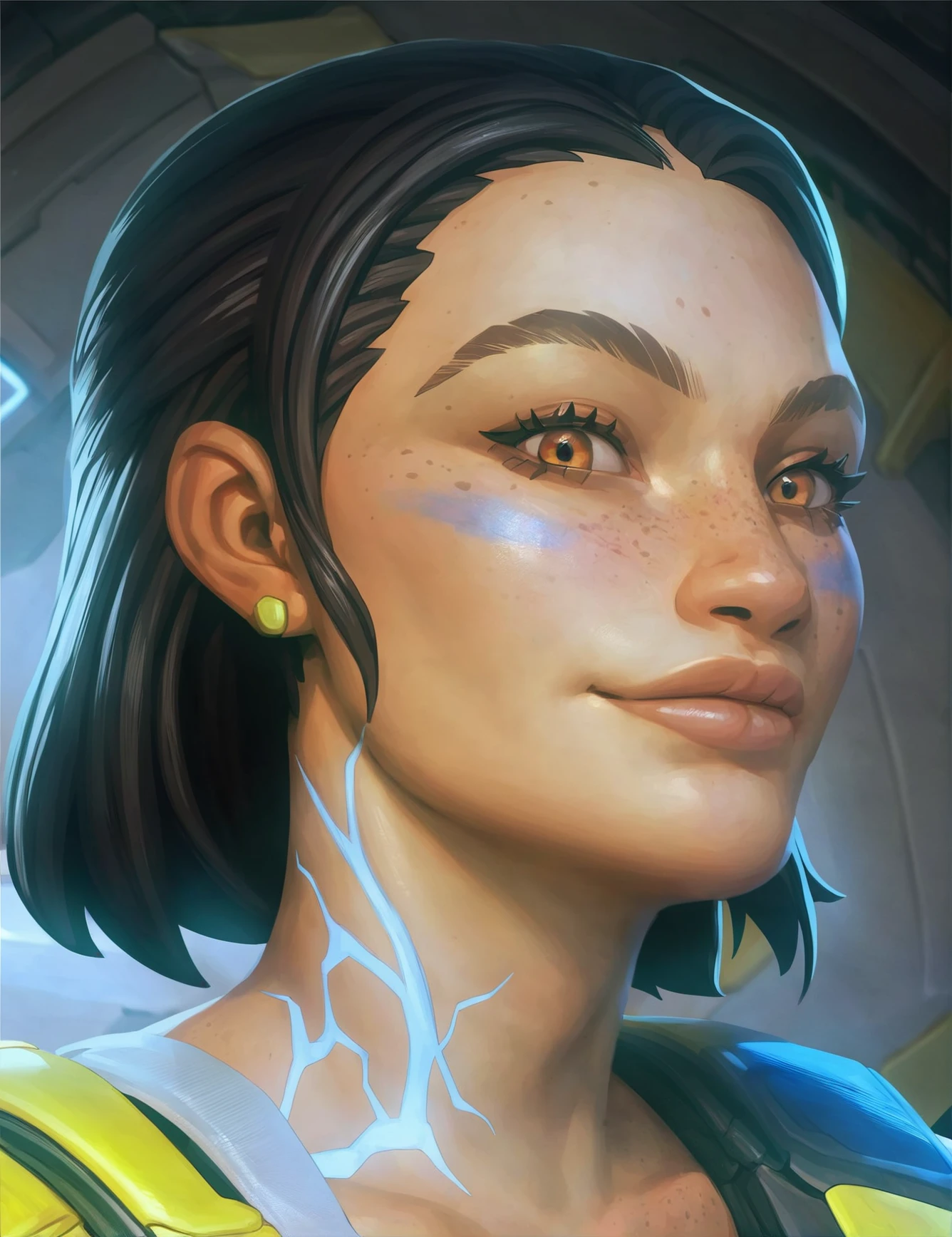 <lora:conduit:0.7> c0nduit, 1girl, black hair, orange eyes, freckles, blue face paint, blue glowing veins, small earrings, cyber suitÐ±looking at viewer, cartoon_source,score_9, score_8_up, score_7_up, dynamic light ,