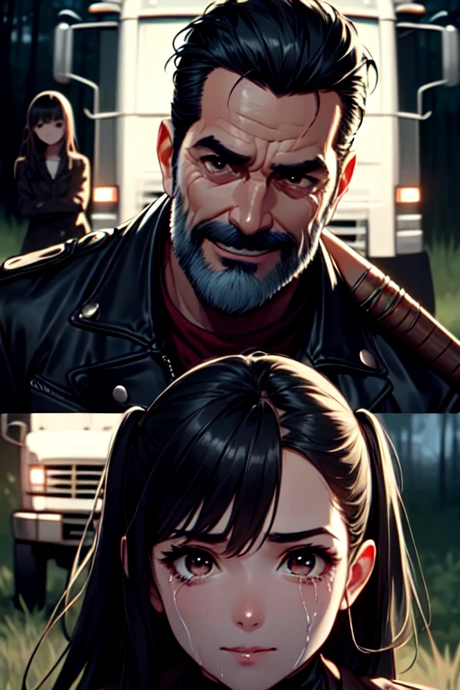 multiple views, close-up, negan, holding weapon, 1guy, dancing, facial hair, undercut, red scraf, black leather jacket, black gloves, narrow waist, tall male, 1girl, 2girls, multiple girls, fear, scared, crowd, truck, fog, night, forest, realistic, <lora:girlhatenegan:0.9>