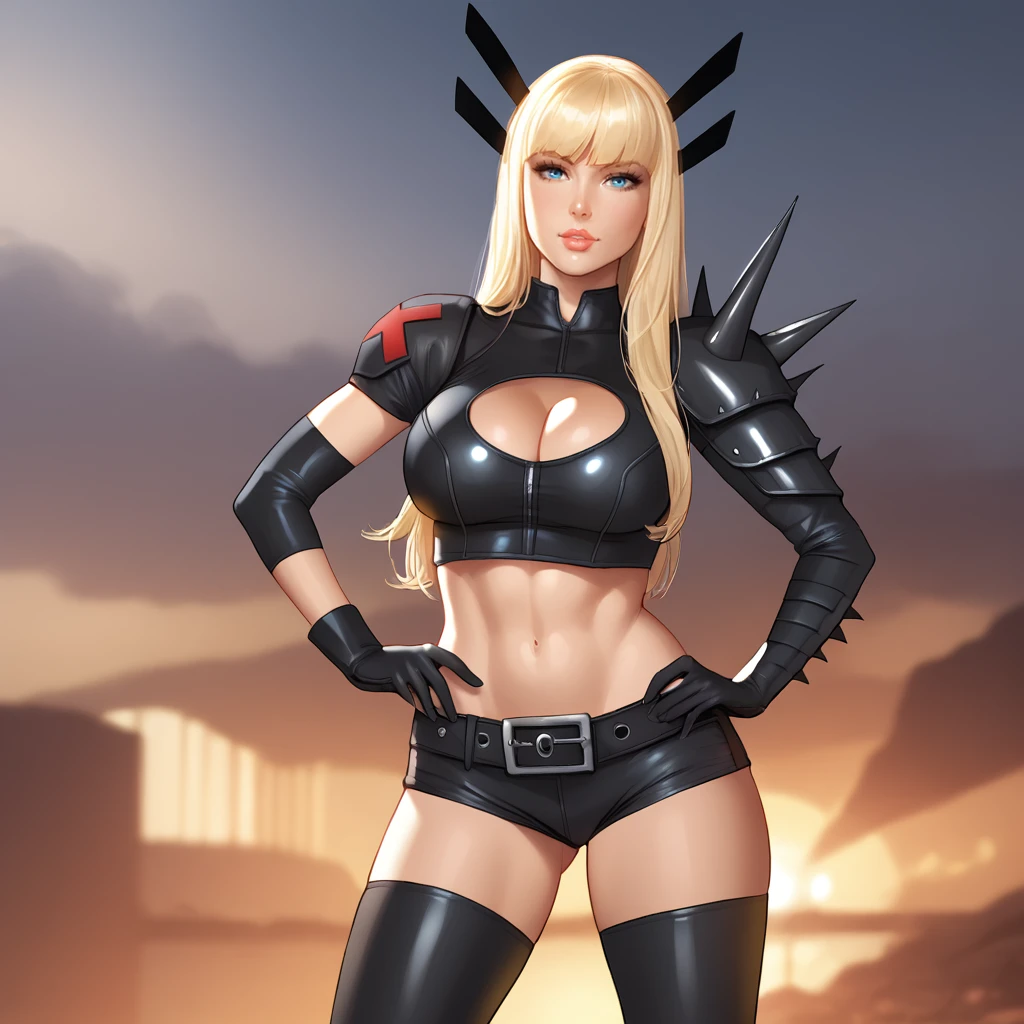 <lora:magikmarvel_pony_v1:1>MagikMarvel, 1girl, large breasts, black thighhighs, blonde hair, midriff, long hair,  cleavage cutout, navel, short shorts, black gloves, spikes, belt, lips, bangs, blue eyes, toned, black shorts, crop top, shoulder armor, hands on hips