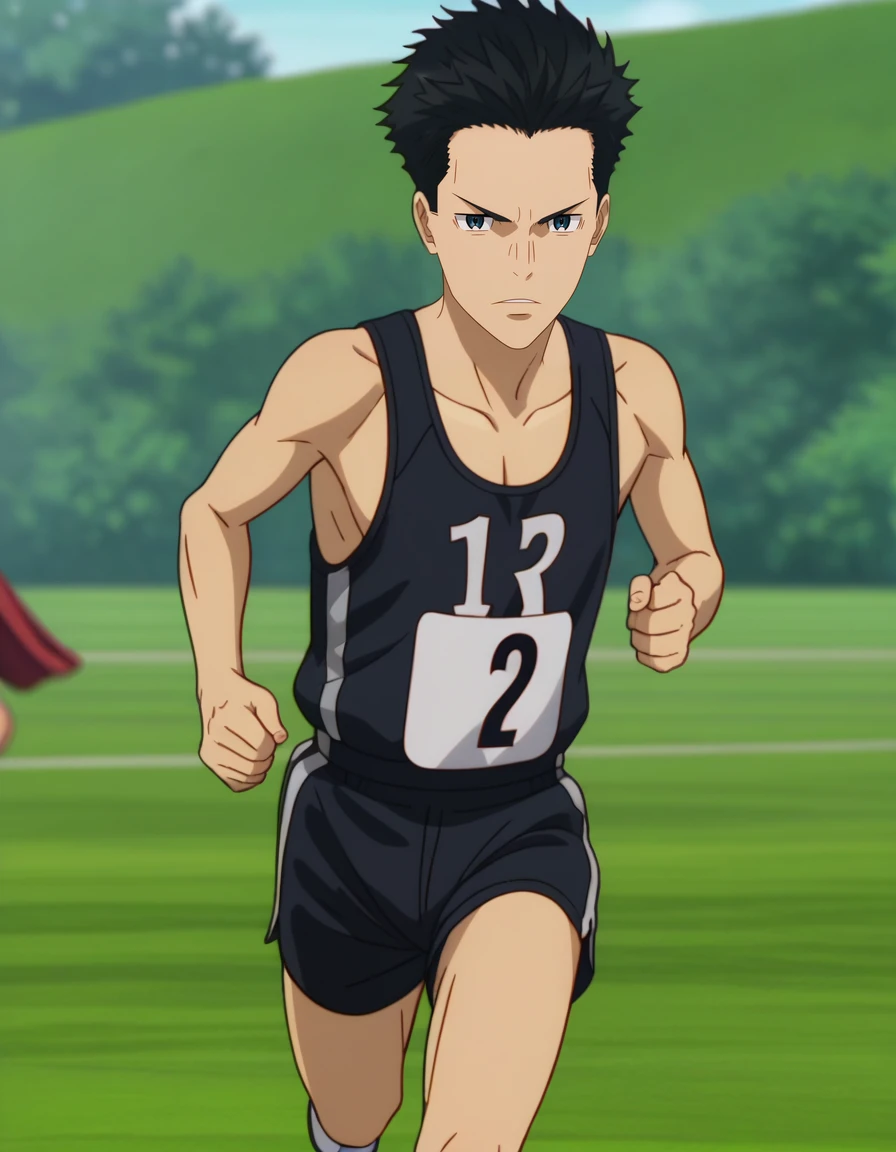 <lora:Kakeru_and_Haiji:1>,zPDXL2,1boy,kakeru kurahara,male focus,sportswear,running,solo focus,shorts,outdoors,open mouth,1boy,sleeveless,black shorts,blurry,track uniform,shirt,hair slicked back,bib number,no.18 bib number,anime screenshot,