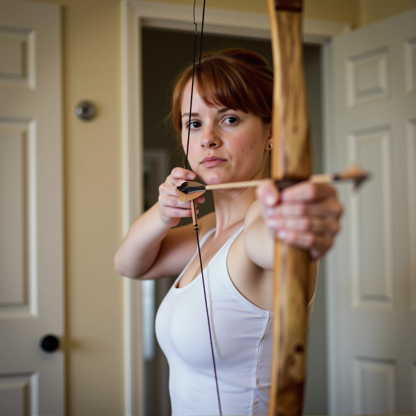 <lora:bow and arrow v1:1>
Archery a woman aiming with a bow and arrow in a room at camera, solo, looking at viewer, brown hair, 1boy, holding, closed mouth, upper body, ponytail, weapon, male focus, holding weapon, blurry, tank top, bow (weapon), realistic, door, arrow (projectile), white tank top, holding bow (weapon), aiming, aiming at viewer, holding arrow, drawing bow, bow to shoot arrows, perfect hands, detailed hands, detailed image, sharp image, perfection, different, indoors, photorealistic