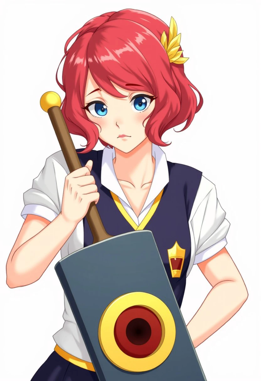 female, detailed, red hair, blue eyes, tr4nsist0r, humming a song, sad looking at viewer, holding weapon, sword