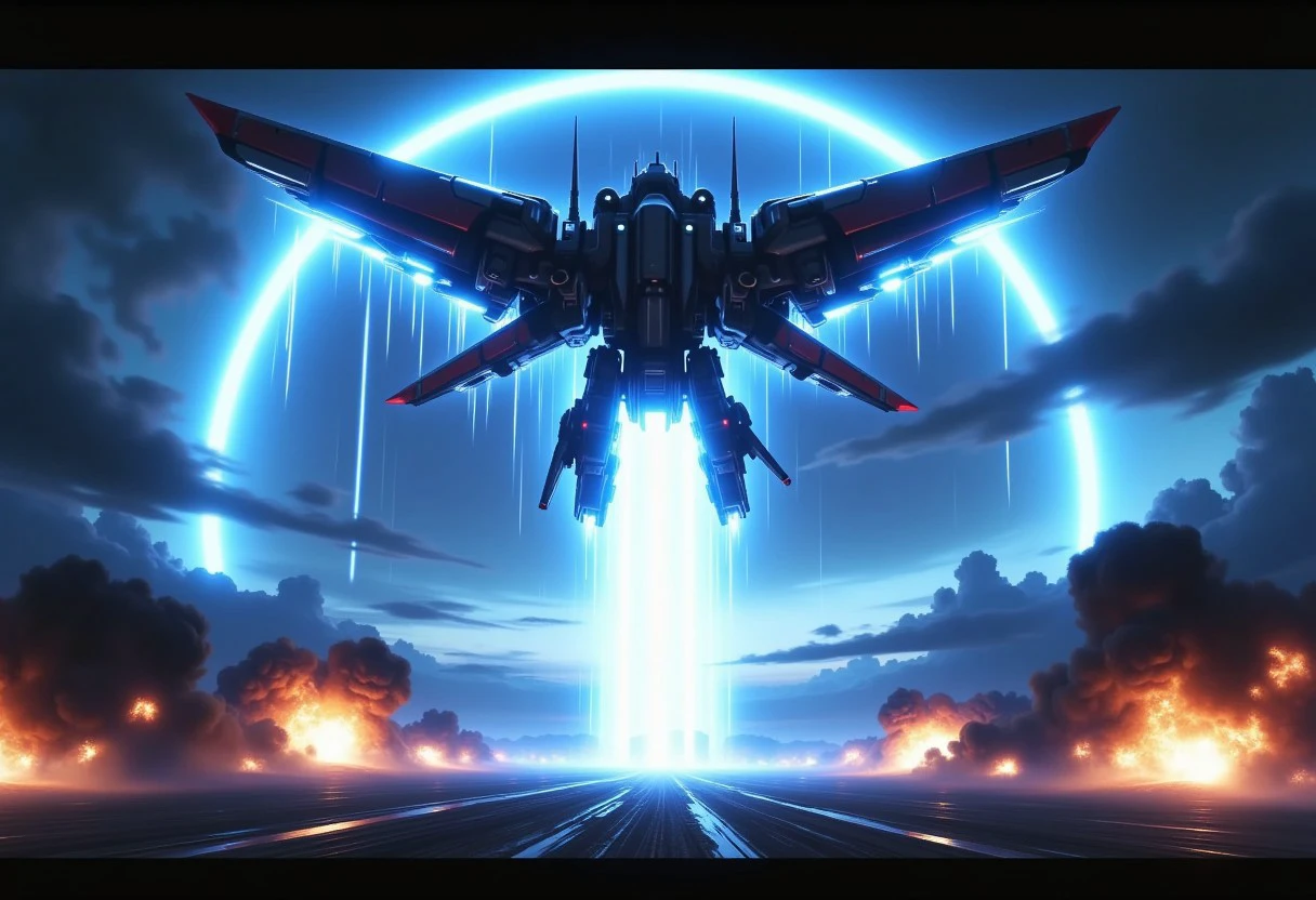 an orbital attack from a huge flying winged gundam in the sky, huge blue beam ray striking the ground with a light shock wave and explosions and fire, dark cloudy sky opened by the ray, white lighted horizon,