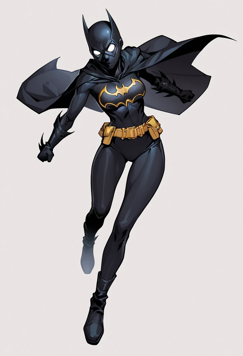 score_9, score_8_up, score_7_up, score_6_up, 1girl, full body shot, looking at viewer, solo, simple background, white background, action pose, cassandra-wayne, asian, chinese, Batgirl-outfit, black cape, white eyes, mask