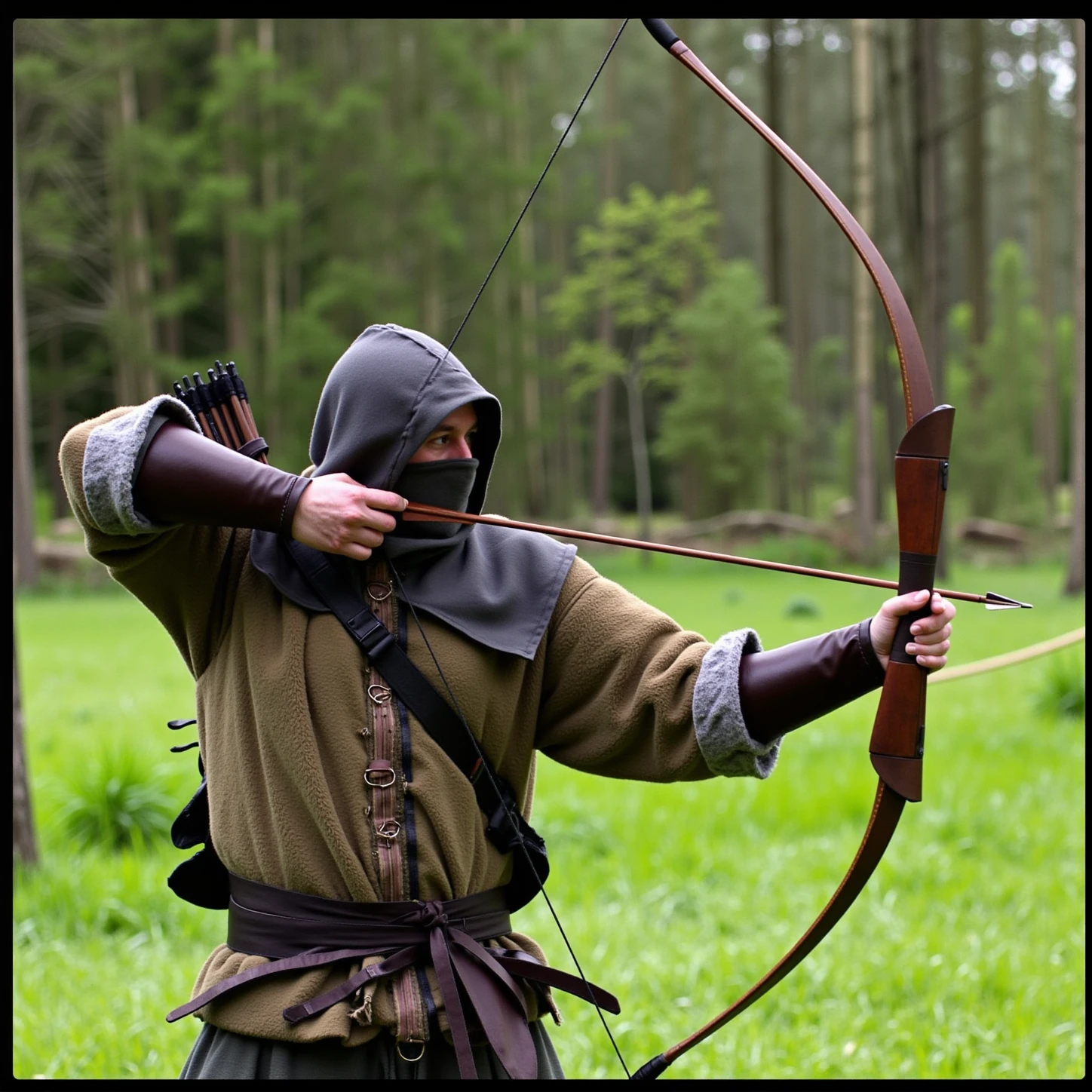 <lora:bow and arrow v1:1>
Archery a side view of a man in a hoodie is holding a bow and arrow, solo, 1boy, holding, standing, weapon, male focus, outdoors, day, belt, hood, holding weapon, armor, tree, border, grass, sheath, nature, hood up, forest, bow (weapon), arrow (projectile), vambraces, black border, holding bow (weapon), quiver, aiming, holding arrow, covered face, drawing bow, archery, bow to shoot arrows, perfect hands, detailed hands, detailed image, sharp image, perfection, different, side view, profile view, middle ages, medieval