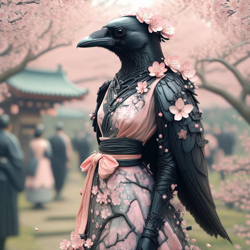 corvidfolk, cherry blossoms, dress, holding flower,