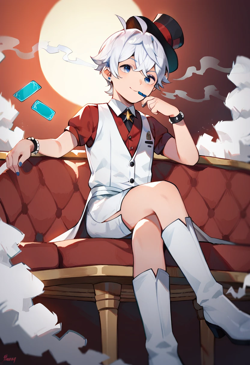 (score_9, score_8_up,  score_8, score_7, score_7_up,score_6_up), masterpiece, best quality, amazing quality, very aesthetic, high res, absurdres, 4k,
1boy, long white hair, ahoge, solo, white dress, casino, indoor, smoke, doyagao, crossed legs, card, red top hat, (evil smile:0.5), [[[from below, from side]]], 
 <lora:thebrushking:0.9>