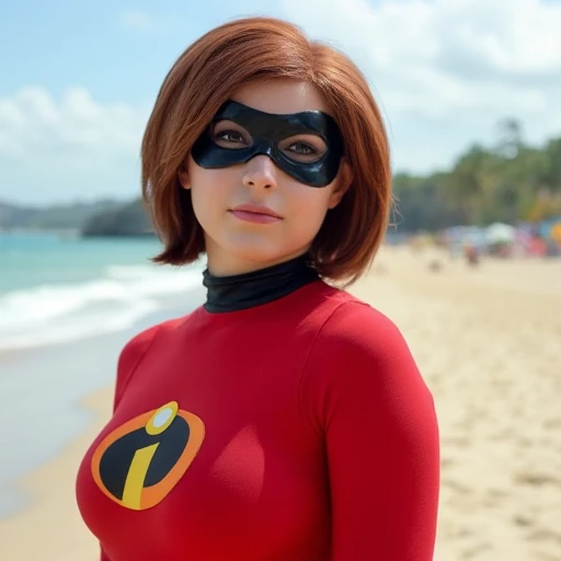 Realistic photo of Elastigirl in superhero costume and domino mask at the beach.