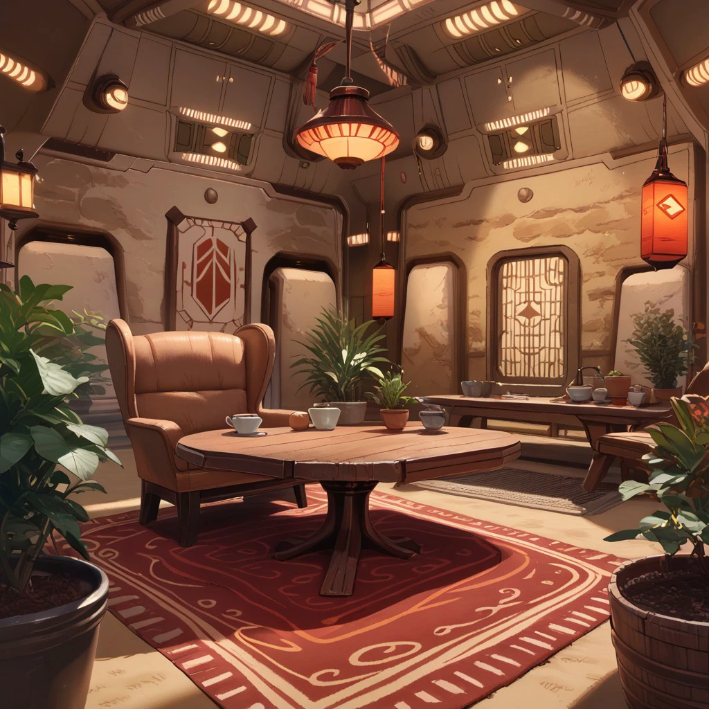 score_9, score_8_up, score_7_up, tatooine, homestead, star wars, table, lamp, plant, chair, cup, indoors, carpet, rug