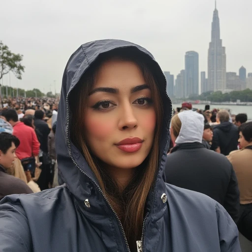 @ms.sethii, indian, realistic, internet personality, lips, closed rain coat, crowded background, raining, brown hair, outdoors, Neutral expression