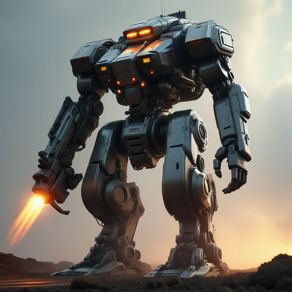 wide shot of a giant robot with a lot of lights on it, wojtek fus, giant mech, by Ludwik Konarzewski Jr, mega humanoid mech, sci-fi mech, symmetrical dieselpunk warrior, highly realistic concept art, deep cyberpunk mechanoid, painterly humanoid mecha, greg rutkowski octane render, cinematic volumetric lighting, wide shot with Sony Fx6