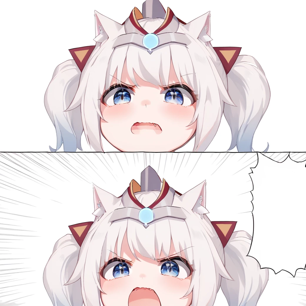 <lora:JunNeko-000009 (1):1>,junneko,twintails,white hair,cat tail,cat ears,headgear,blue eyes,
blue jewel,body markings,white bodysuit,
1girl,solo,
<lora:angrynoises-000005:0.9>,2koma,FANG,COMIC,OPEN MOUTH,EMPHASIS LINES,, score_9,score_8_up,score_7_up,source_anime,best quality,masterpiece,uncensored,detailed eyes,<lora:add-detail-xl:0.7>