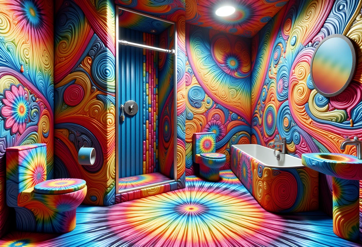 <lora:tiedye:1> eptiedyeworld modern room with walls and floor with a eptiedyeworld shower and bathtub and toilet and sink, with eptiedyeworld pattern on everything,