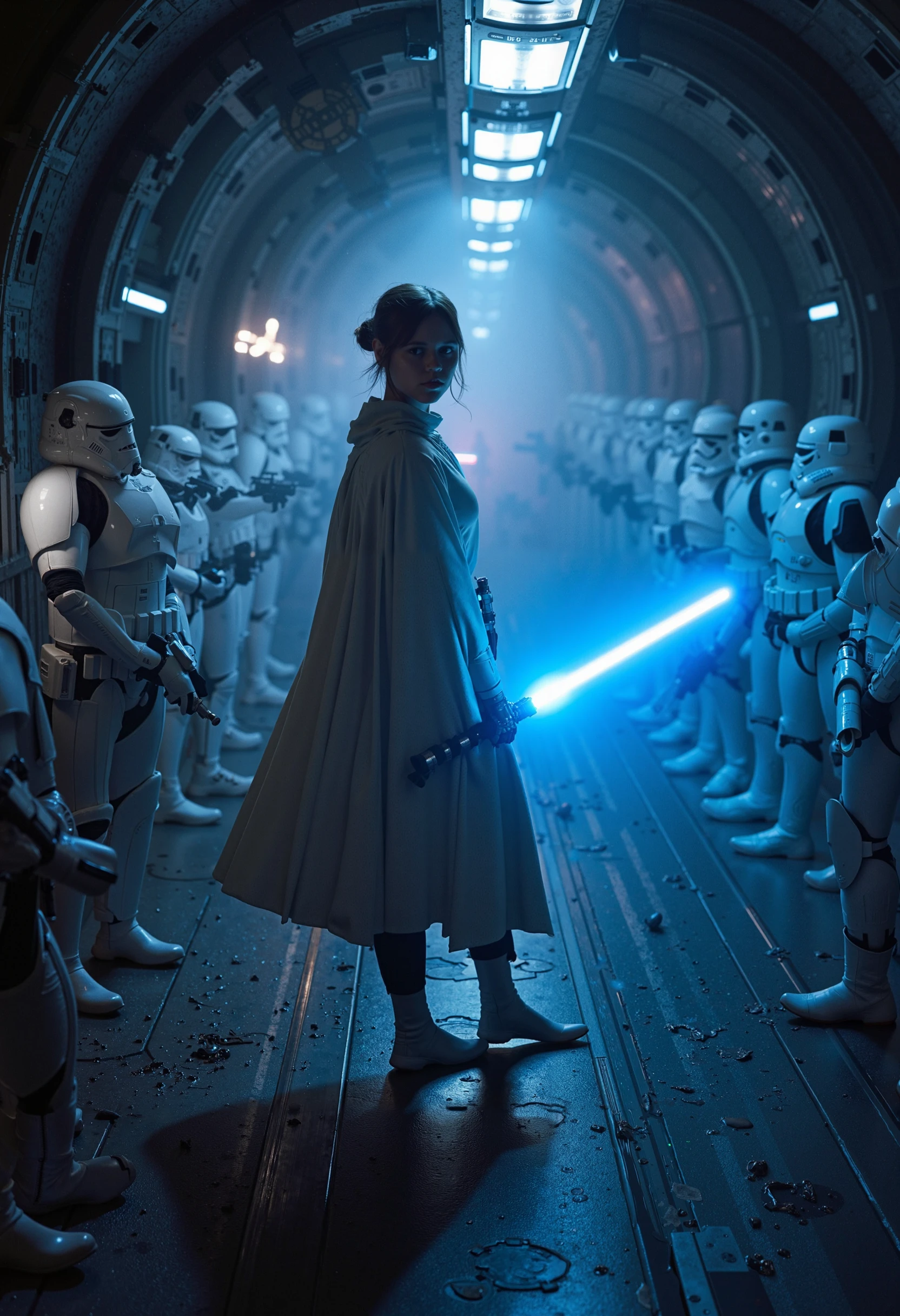 In a dimly lit, battle-scarred corridor of an Imperial starship, jennaortega, a fierce and determined Jedi Knight, stands at the center of the action. Her lightsaber, glowing a brilliant shade of blue, hums with energy as it deflects incoming blaster fire from a squad of stormtroopers.

The stormtroopers, clad in their iconic white armor, advance in tight formation, their blasters firing in a relentless barrage. jennaortega moves with a fluid grace, her Jedi robes flowing as she twists and turns, dodging shots and returning them with precise strikes of her saber. The corridor’s metallic walls reflect the flashes of light from the ongoing battle, casting shadows that dance with the movement of the combatants.

jennaortega’s expression is one of calm focus, her senses heightened by the Force. She uses her connection to the Force to anticipate the troopers' moves, sidestepping blaster bolts with ease. With a swift motion, she leaps into the air, her lightsaber spinning in a deadly arc, cutting through two stormtroopers in a single strike. She lands lightly on her feet, her saber held ready as she faces the remaining troopers.

Around her, the corridor is littered with the fallen bodies of stormtroopers, their once orderly ranks now in disarray. The sounds of battle echo through the ship—a mix of blaster fire, the hum of the lightsaber, and the distant alarms signaling the chaos jennaortega has brought to the heart of the Empire.

With a final push, she uses the Force to send a wave of energy down the corridor, knocking the remaining stormtroopers off their feet. She then charges forward, her lightsaber a blur of blue light, dispatching the last of her enemies with swift, precise strikes. As the last stormtrooper falls, jennaortega deactivates her saber, the corridor falling into a tense, quiet stillness. She stands victorious, breathing steadily, her gaze already focused on the next challenge that lies ahead.