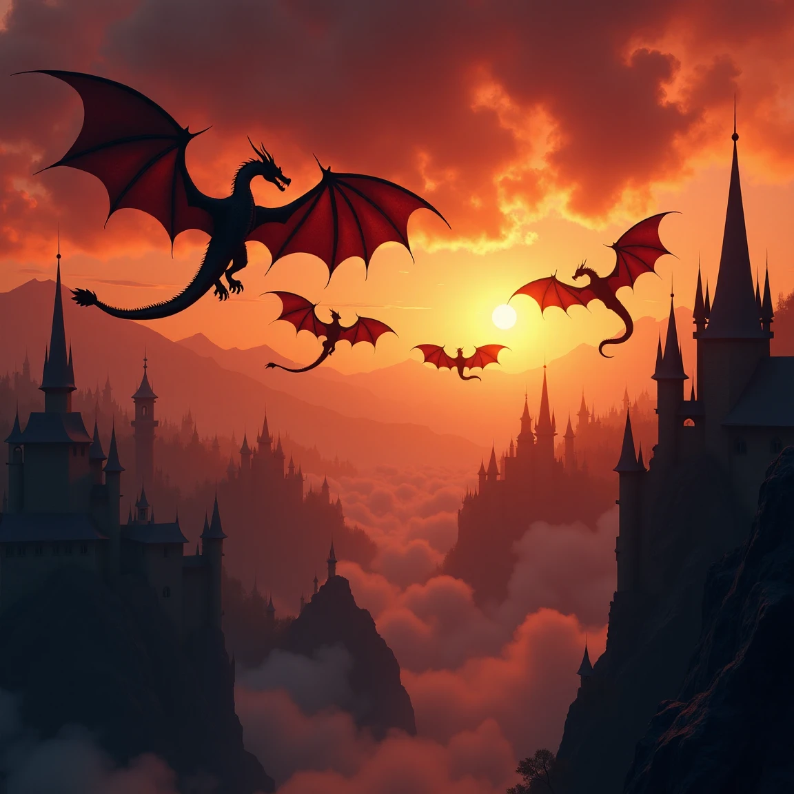 a sweeping epic shot of many dragons flying over a large city made of black stone, the sun is setting, there are distant black craggy mountains, there is a great amount of smoke in the air, the sky is a dark red, the scene is reminiscent of the elemental plane of fire from the world of 'Dungeons and Dragons', <lora:Elemental_Planes-Fire:1>