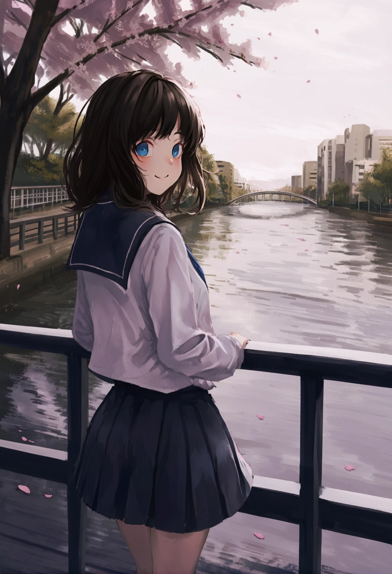 masterpiece, best quality,solo, 1girl, skirt, cherry blossoms, long hair, school uniform, railing, looking at viewer, pleated skirt, smile, serafuku, outdoors, blush, petals, shirt, white shirt, long sleeves, blue eyes, sailor collar, closed mouth, bridge, tree, floating hair, black skirt, black hair, water, blue skirt, looking back, blue sailor collar, river 
  <lora:darumakareiXLlokr4f-000184:0.95>