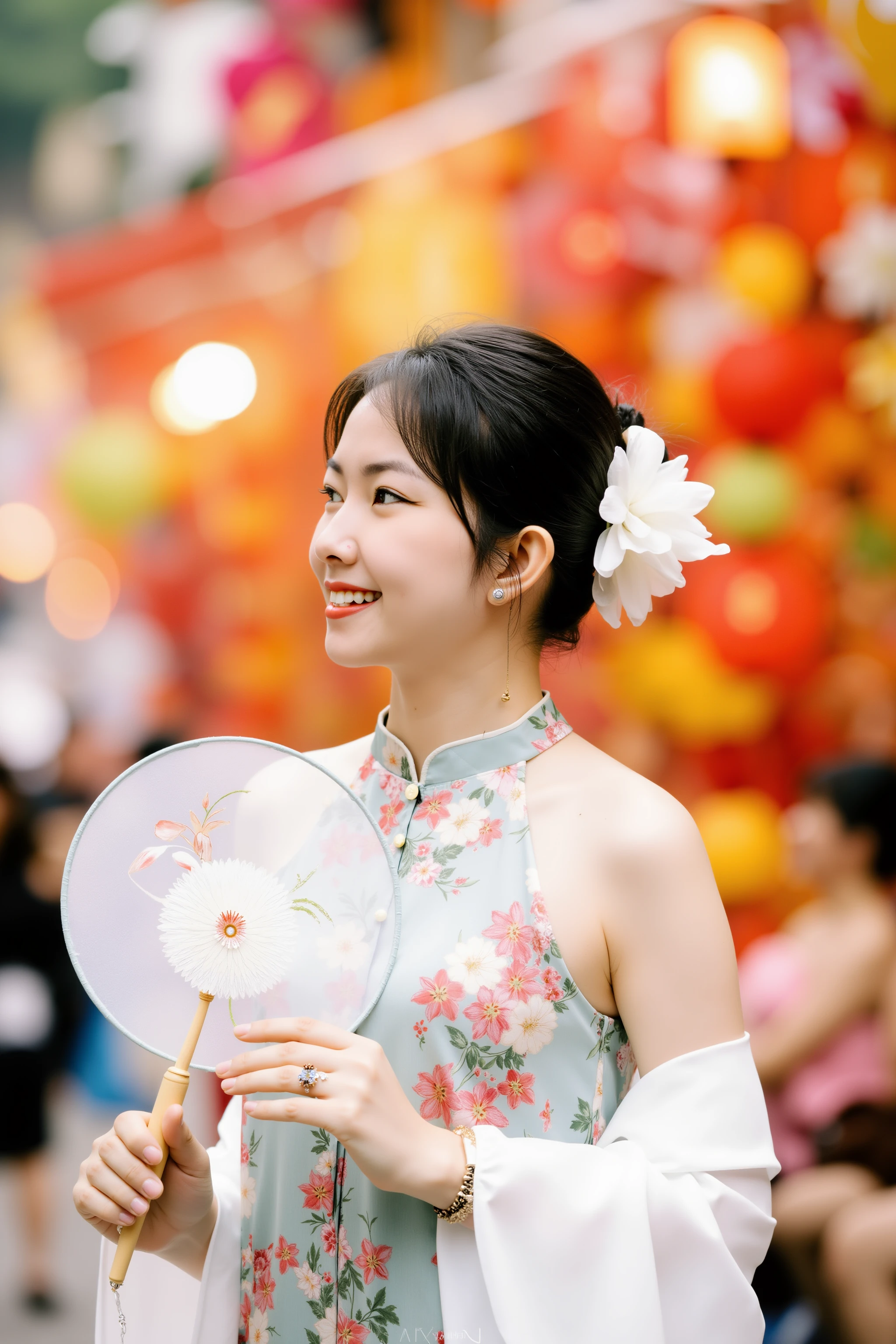 HanoiGirl, MidAutumn, A young woman is standing in a vibrant street setting, surrounded by colorful decorations and lanterns. She is dressed in a floral sleeveless dress with a traditional Asian aesthetic, complemented by a flowing white shawl draped over her arms. Her hair is styled in a neat updo, adorned with a large white flower. She holds a delicate round fan with a floral design, adding to the elegance of her appearance. The background is lively, filled with a multitude of bright colors and festive ornaments, suggesting a celebratory or cultural event. The woman’s side profile and serene smile convey a sense of grace and happiness.