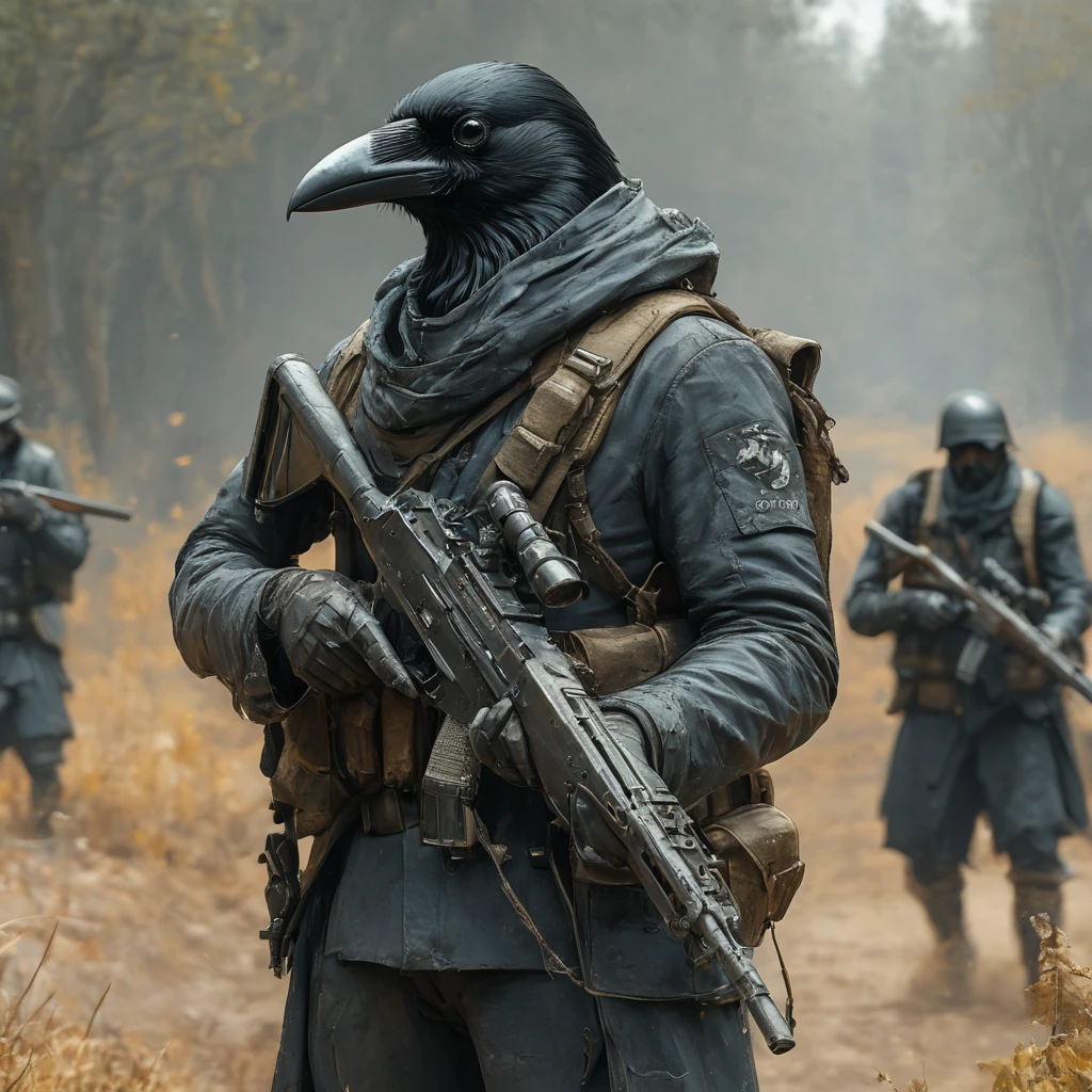 Corvidfolk holding a rifle, scoped rifle, battlefield