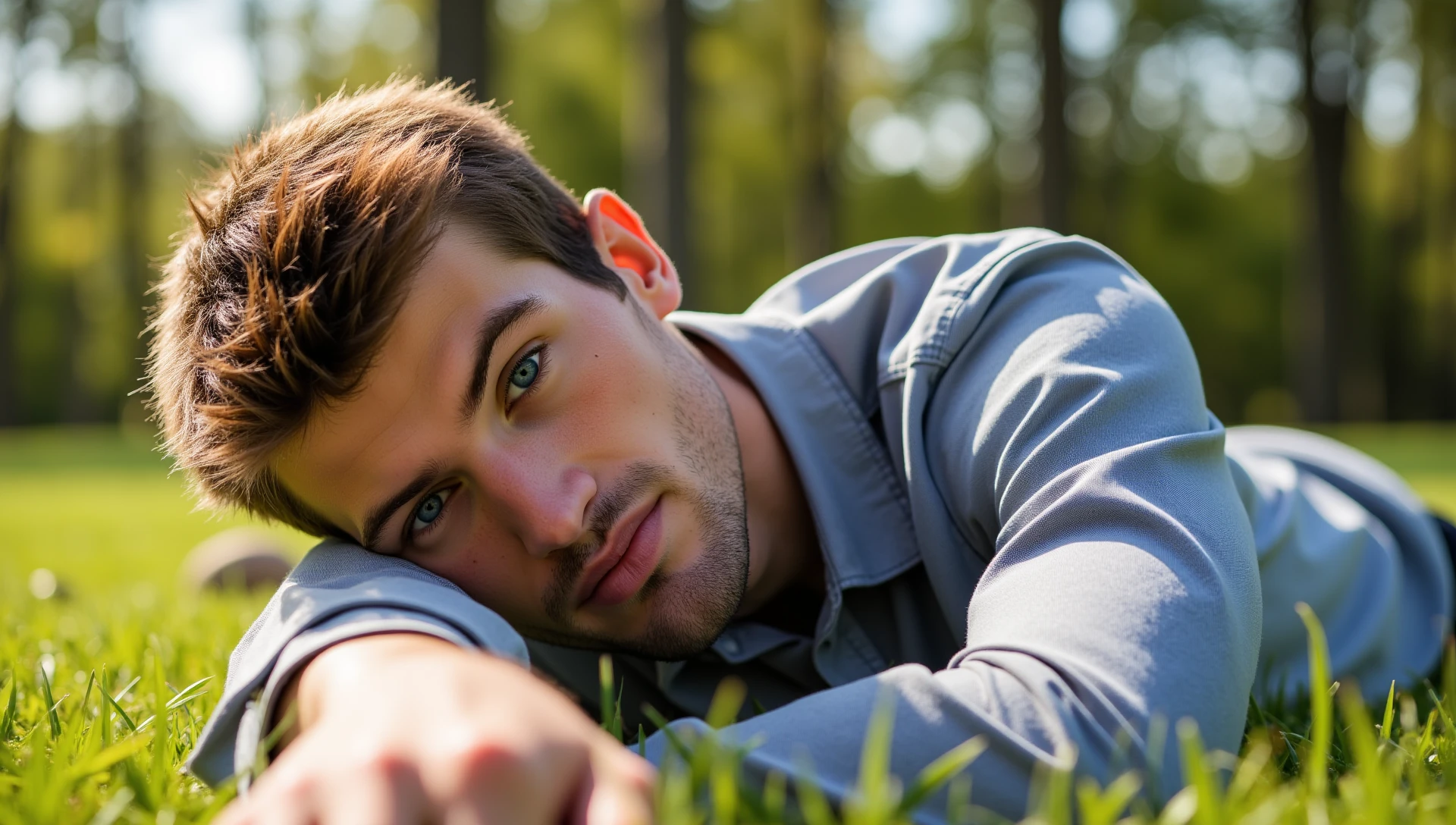 (victor, 21 yo male model, athletic, facial hair, blue eyes) casual shirt, resting head on arm, parted lips, looking at viewer. Lying on stomach on grass, in a meadow, maple trees in the background. He is very close and slightly above the viewer. The sun shines on his face. Close-up portrait, raw photo, macro shot, face focus.