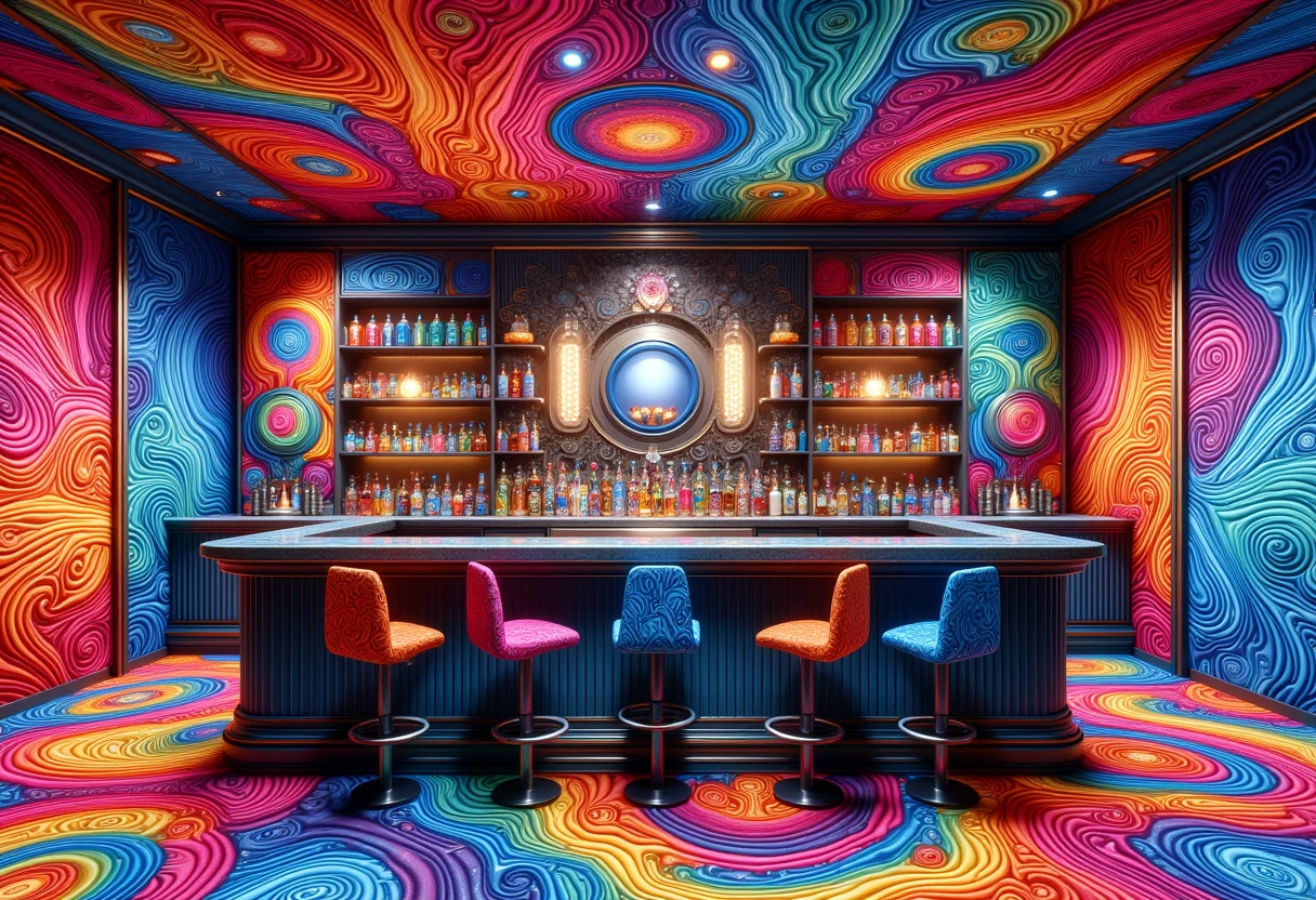 <lora:tiedye:1> eptiedyeworld bar with a counter with stools and glasses on the counter, with eptiedyeworld pattern on everything,