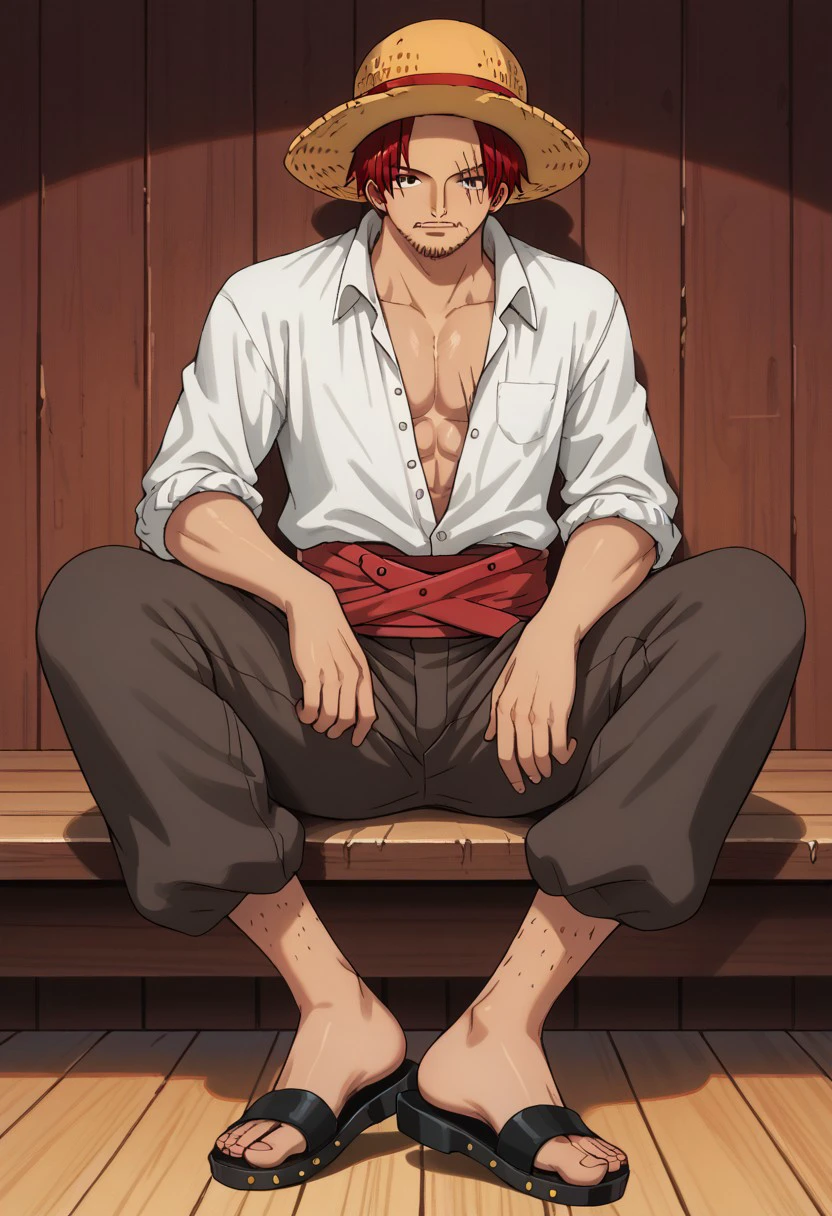 score_9, score_8_up, score_7_up, source_anime, rating_safe, ShanksOP, yellow-red_Shanks_straw hat, red_Shanks_hair, black_Shanks_facial hair, dark brown_Shanks_scar across eye, hair over scar, 1boy, male focus, white_Shanks_shirt, red_Shanks_cloth belt, brown_Shanks_pants, black_Shanks_sandals, sitting