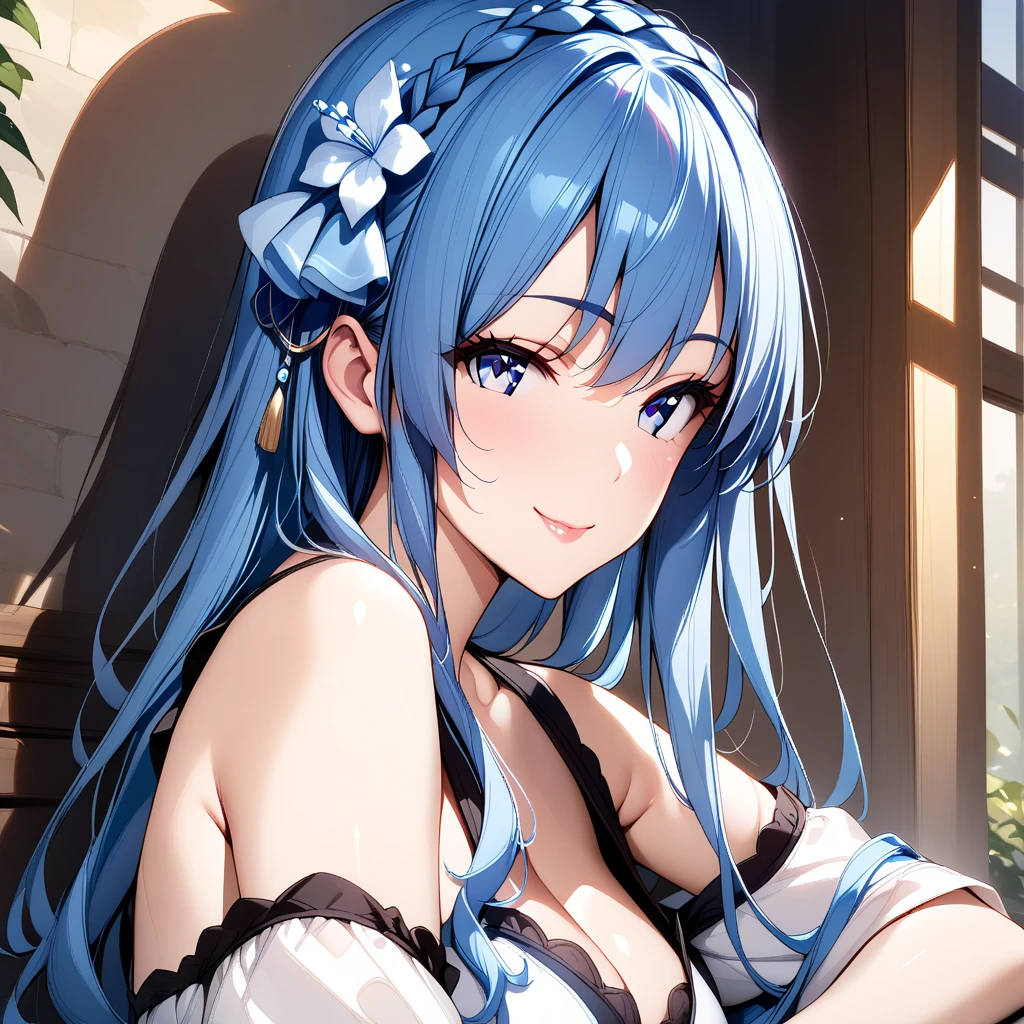 juna_doma, 1girl, blue hair, blue eyes, seductive smile, solo, crown braid, braid, long hair, looking at viewer, hair ornament, portrait, hair flower, flower, closed mouth, bare shoulders, ;)  <lora:XL-JunaDoma:1>, (masterpiece),(best quality),(ultra-detailed),(best illustration),(best shadow),(absurdres),(detailed background),(very aesthetic),