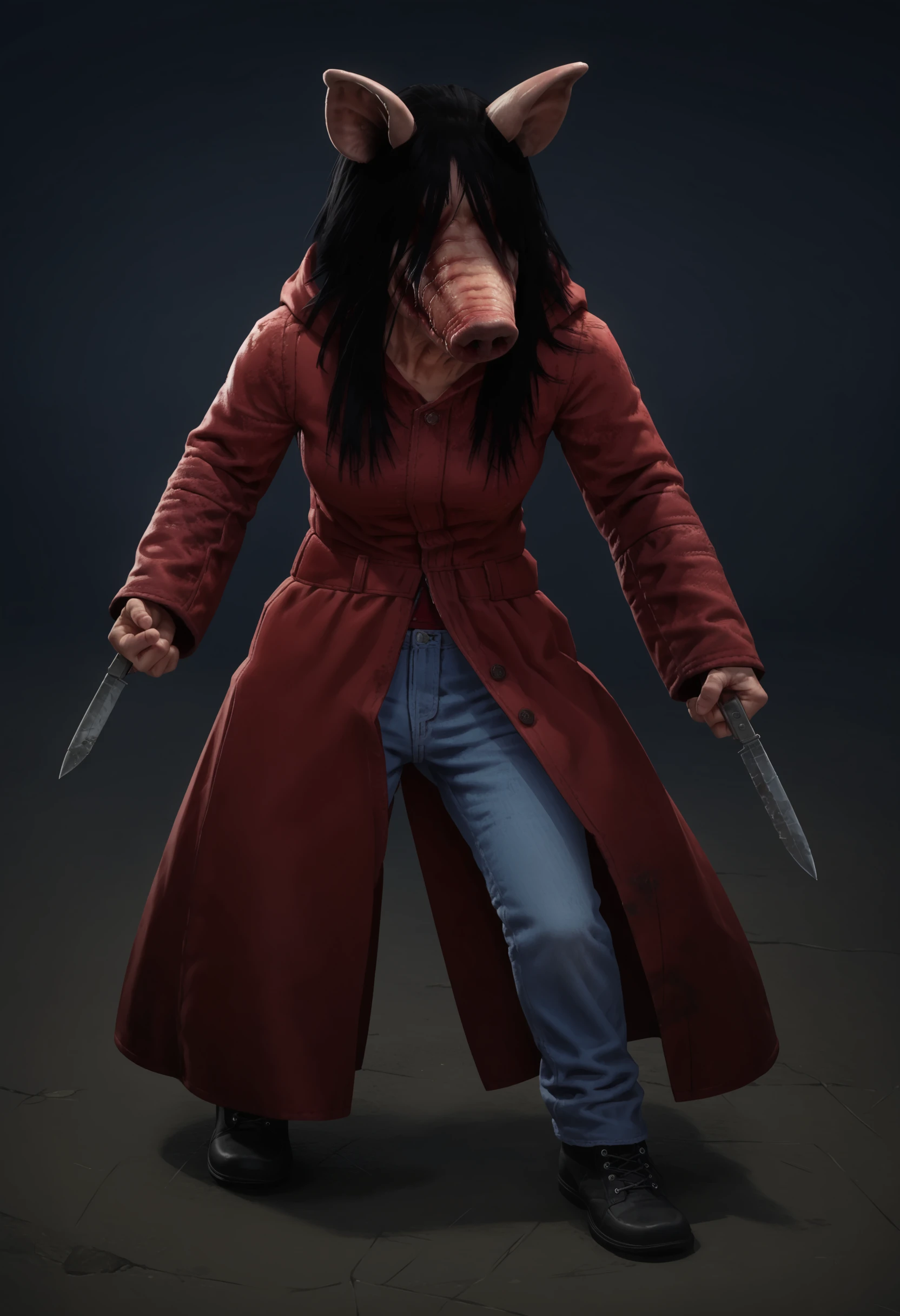 score_9, score_8_up, score_7_up, score_6_up, score_5_up, score_4_up,  1girl, <lora:ThePigDBD:0.85> animal ears, snout, long hair, black hair, coat, red coat, pants, hood, denim, full body, standing, front view, scary face, eyeless, holding knife, 
light blue background, simple background