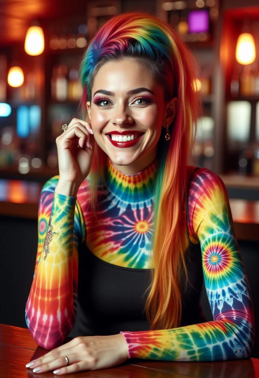 <lora:tiedye:1> eptiedyeworld woman with half shaved head and long rainbow hair over right eye and rainbow lips sitting in a bar smiling,