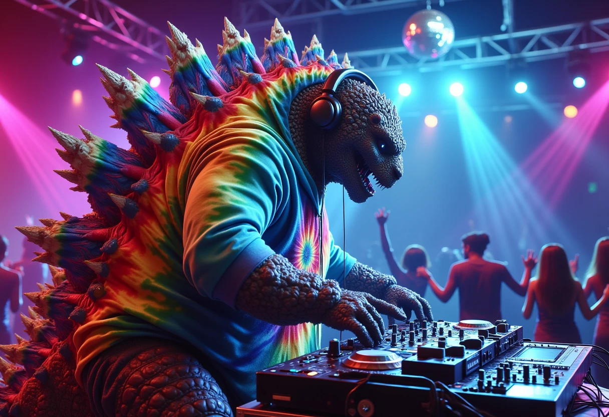 <lora:tiedye:1> eptiedyeworld giant godzilla in a dj booth wearing headphones and a hoodie with neon rainbow glowing dorsal spines on back throwing a party with people dancing in the background wit a disco ball,