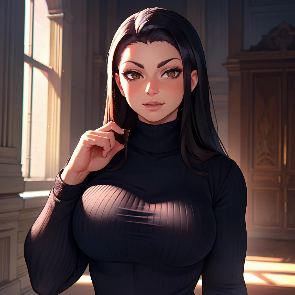 Best_QualityPos, RAW photo, intricate details, best quality, 8k uhd, soft lighting, 1girl, solo, bergifoth, long hair, black hair, brown eyes, black turtleneck sweater, long sleeves, toned  <lora:bergifoth:0.6>