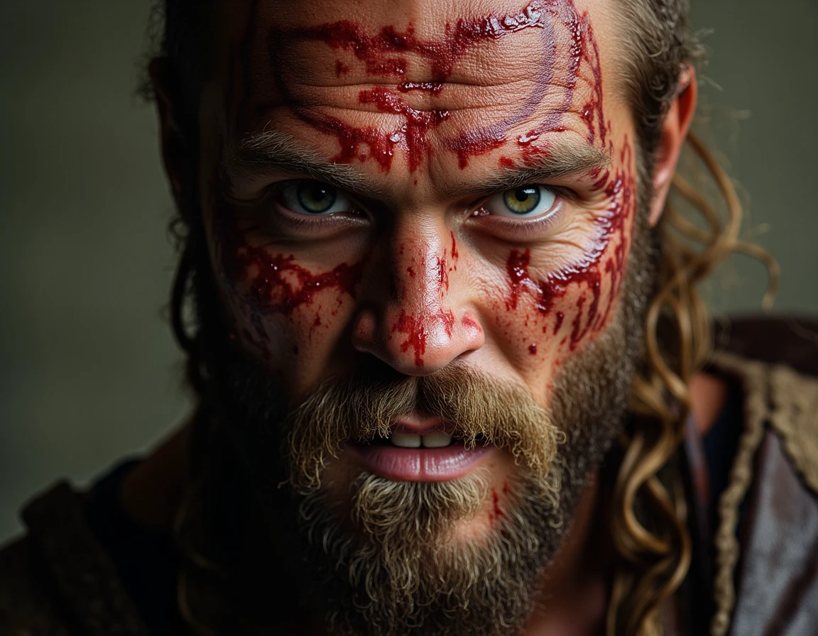 <lora:B4A_Vikings_Style-000010:1.1> b4a_vikings_style, A cowboy_shot of a battle-hardened Viking warrior veteran, with deep scars across his weathered face, a fierce expression, and detailed skin textures showing the toll of countless battles. His hair is matted with blood, and his eyes reflect exhaustion and determination. 
(face tattoos, vivid style, photographic)