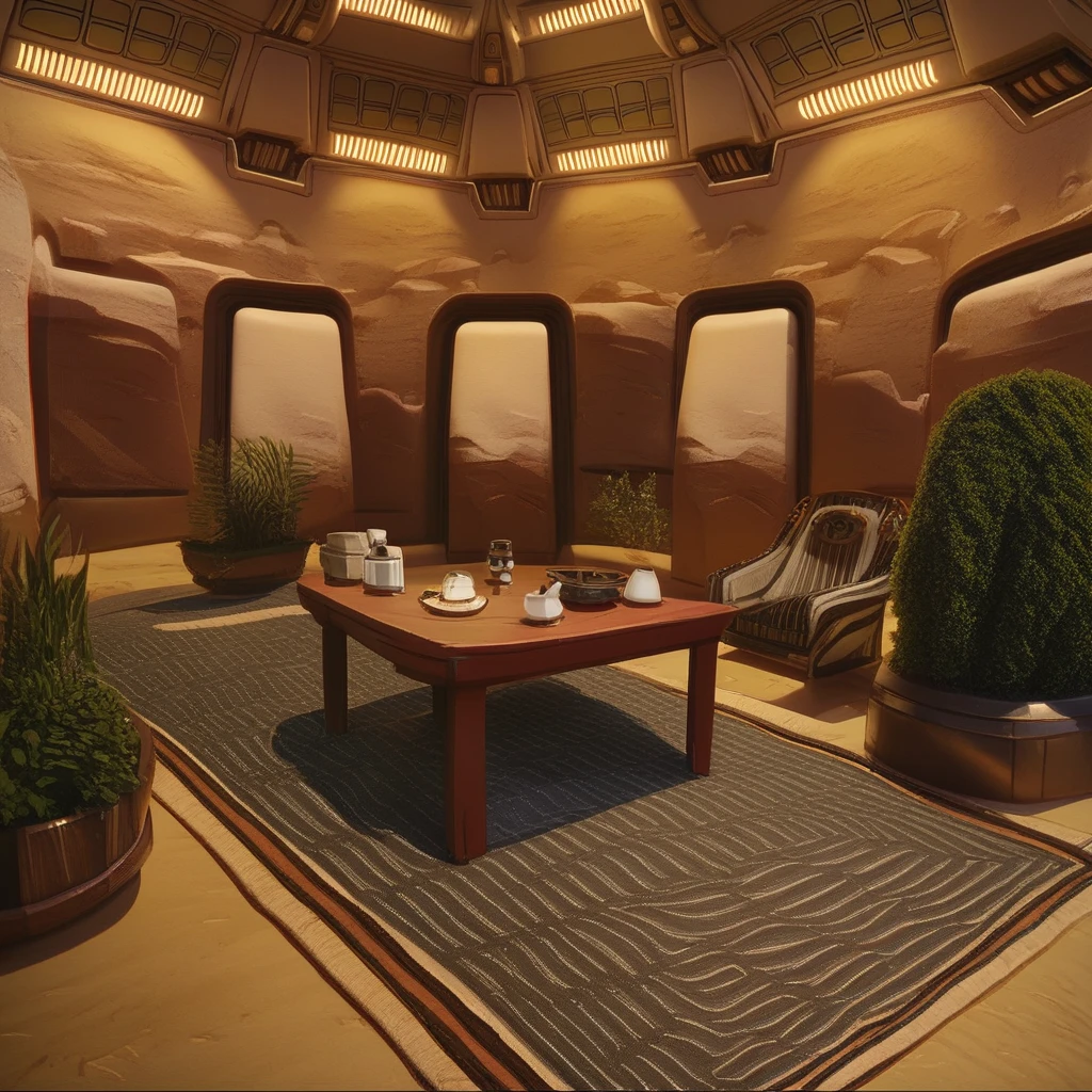 score_9, score_8_up, score_7_up, tatooine, homestead, star wars, scenery, table, lamp, plant, chair, cup, indoors, carpet, rug