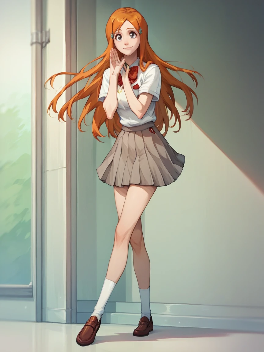 score_9, score_8_up, score_7_up, score_6_up, score_5_up,    <lora:orihimeXLP:1> orihime, 1girl, long hair, solo, orange hair, hair ornament, school uniform, grey eyes, smile, full body,