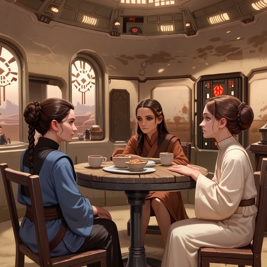 score_9, score_8_up, score_7_up, tatooine, homestead, star wars, table, multiple girls, multiple boys, sitting, cup, indoors, brown hair, hair bun, profile, 2girls, long hair, single hair bun, 3boys, chair, long sleeves, black hair, braid, 3girls, facial hair, looking at another