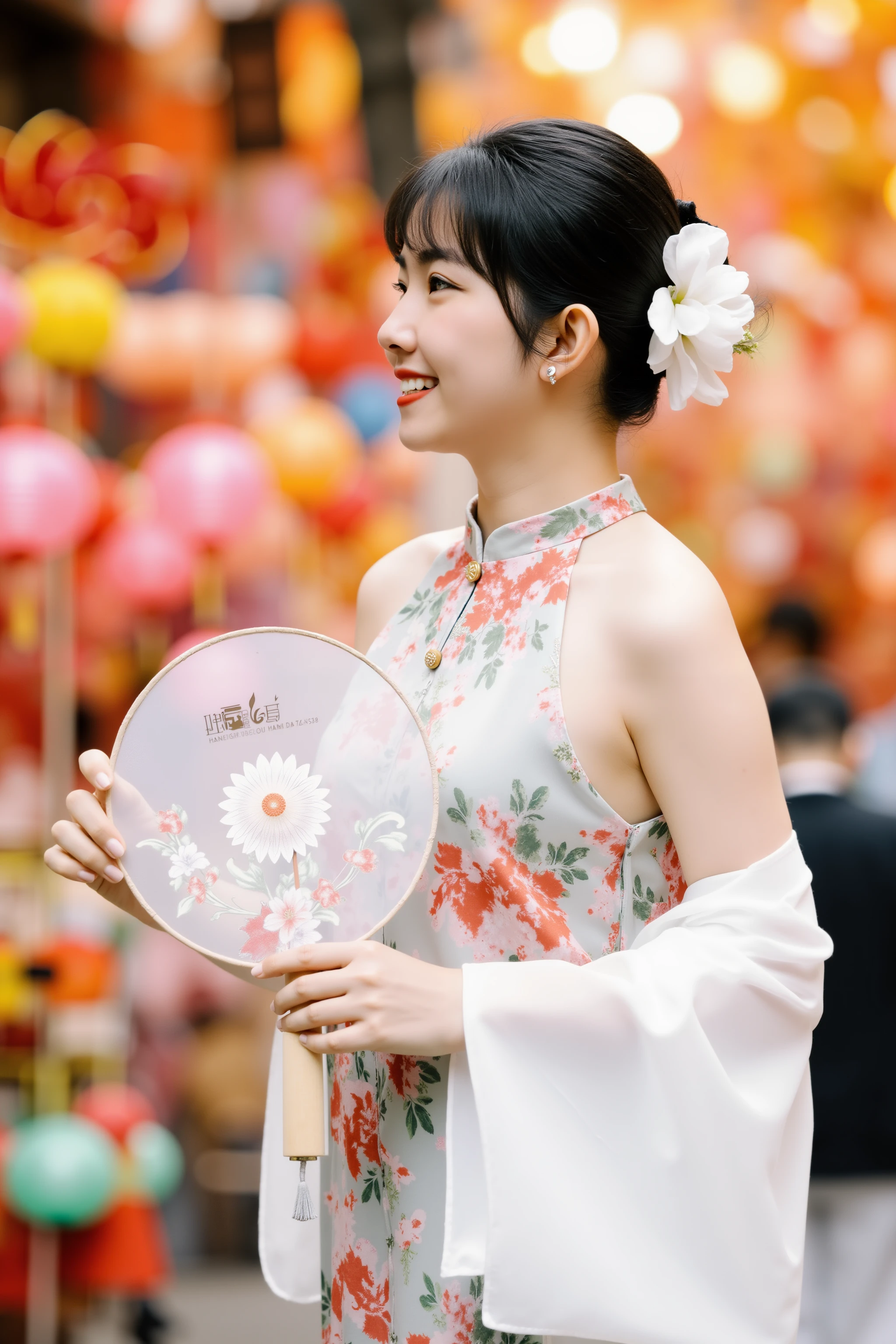 HanoiGirl, MidAutumn, A young woman is standing in a vibrant street setting, surrounded by colorful decorations and lanterns. She is dressed in a floral sleeveless dress with a traditional Asian aesthetic, complemented by a flowing white shawl draped over her arms. Her hair is styled in a neat updo, adorned with a large white flower. She holds a delicate round fan with a floral design, adding to the elegance of her appearance. The background is lively, filled with a multitude of bright colors and festive ornaments, suggesting a celebratory or cultural event. The woman’s side profile and serene smile convey a sense of grace and happiness.