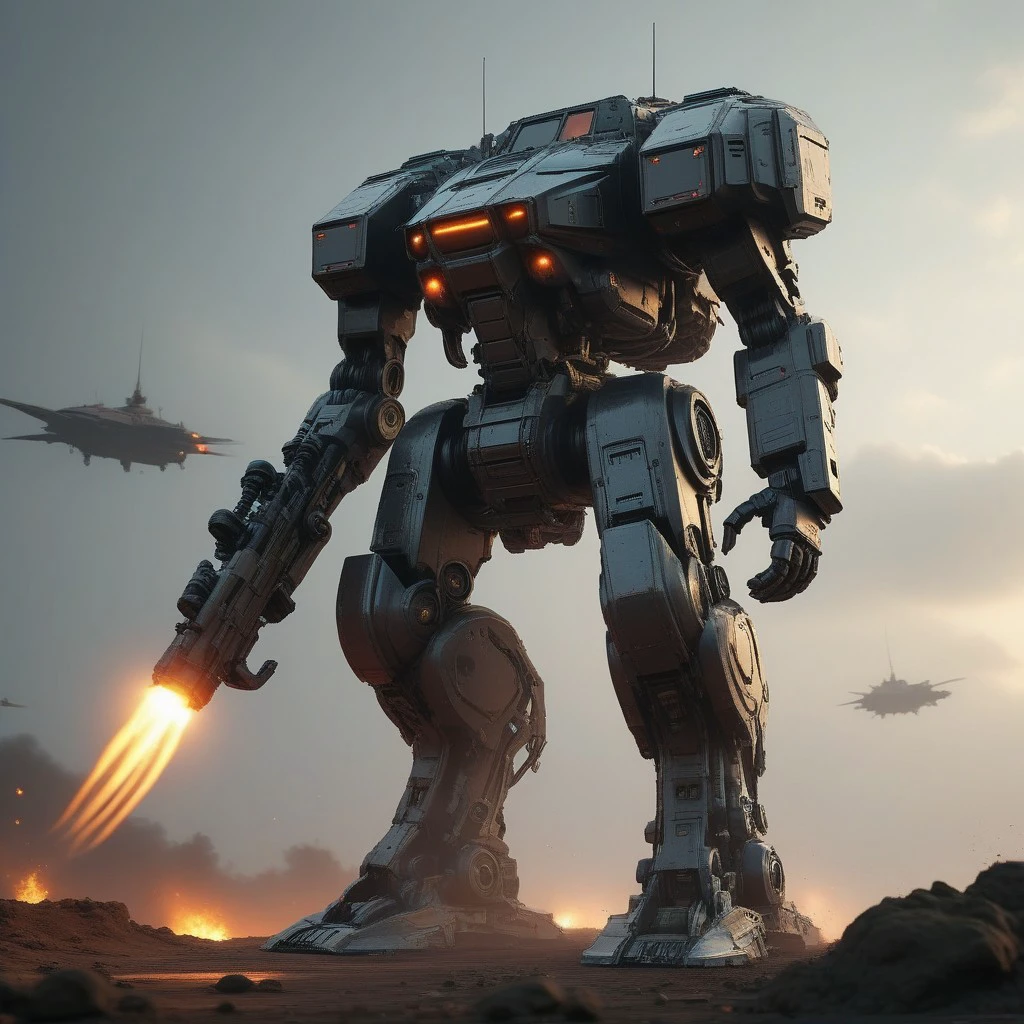 wide shot of a giant robot with a lot of lights on it, wojtek fus, giant mech, by Ludwik Konarzewski Jr, mega humanoid mech, sci-fi mech, symmetrical dieselpunk warrior, highly realistic concept art, deep cyberpunk mechanoid, painterly humanoid mecha, greg rutkowski octane render, cinematic volumetric lighting, wide shot with Sony Fx6