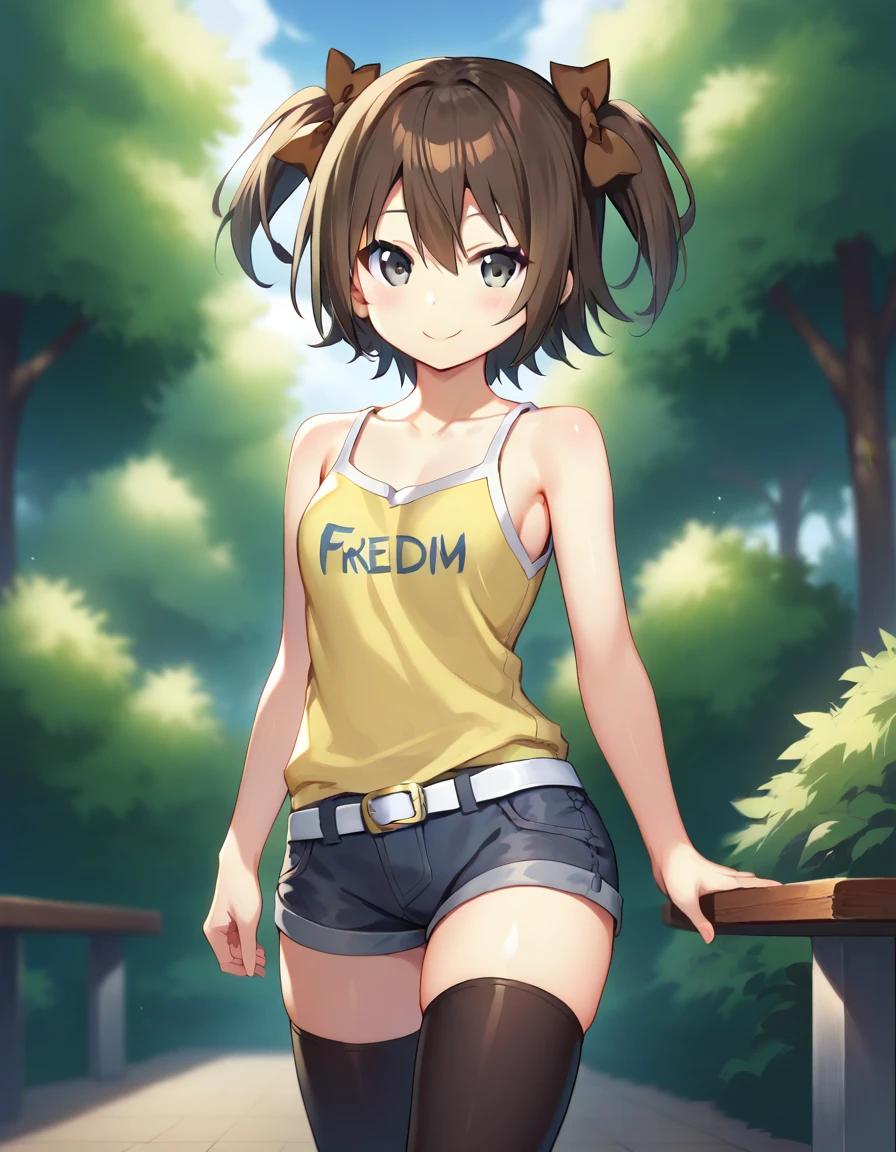 score_9,score_8_up,score_7_up,score_6_up BREAK official art,solo,outdoors,cowboy shot,looking at viewer,facing viewer,smile,Sky,brown hair,short hair,two side up,hair bow,brown bow,hair between eyes,grey eyes,collarbone,bare shoulders,tank top,yellow camisole,clothes writing,small breasts,white belt,grey shorts,short shorts,denim shorts,shorts rolled up,thighs,zettai ryouiki,black thighhighs,loafers,<lora:Sky(Sky-Freedom)-Pony:1.4>,<lora:Smooth Anime Style LoRA XL:0.8>,