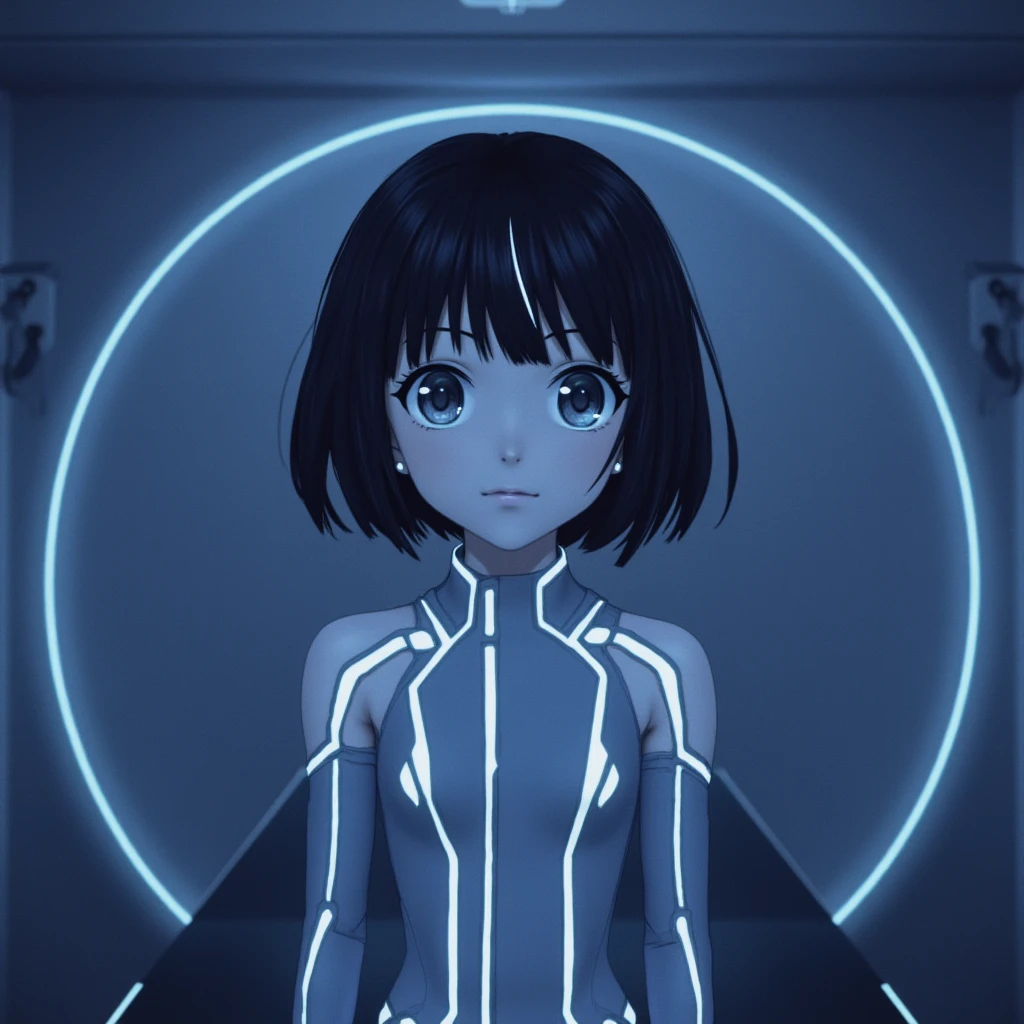 tron legacy style. An anime painting of a cute girl standing in front of a plain background. The image feels distinctive, with a glitchcore vibe.