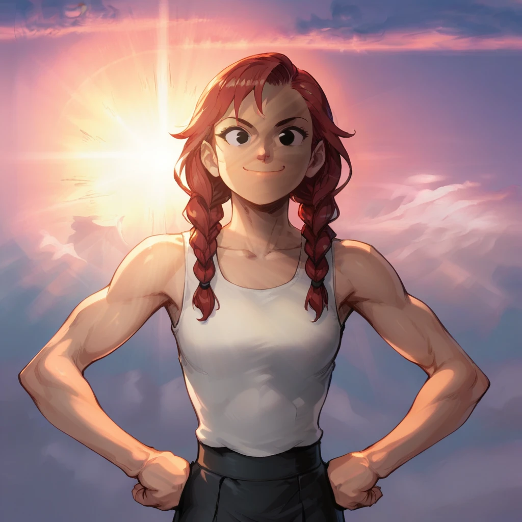 score_9_up, score_8_up, BREAK, source_comics, SuperSmile, 1girl, solo, red hair, twin braids, black eyes, white tank top, black skirt, smile, closed mouth,  sunrise,  sky,  cloud,  sunset, sunlight,  light rays, outdoors, hands on own hips, clenched hands,  <lora:SupermanSmile_PXL_Leaf2:0.8>,