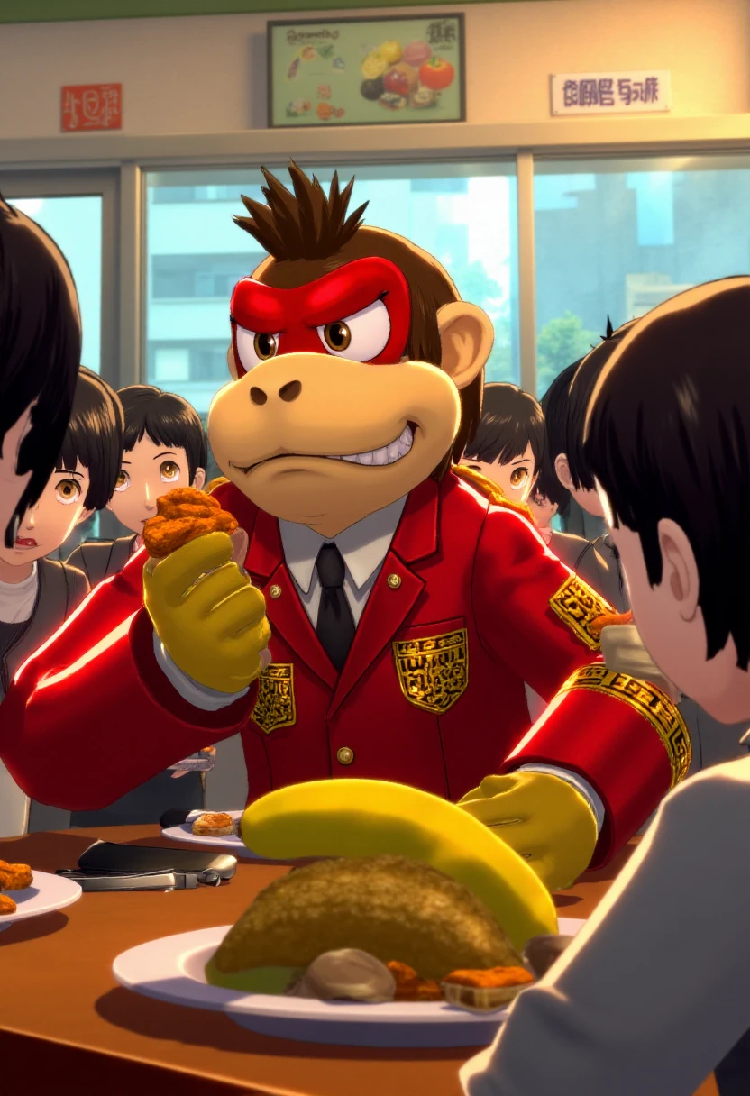 p5style, Donkey Kong dressed in school uniform sitting down eating banana at the cafeteria with other students, trying to fit in.  