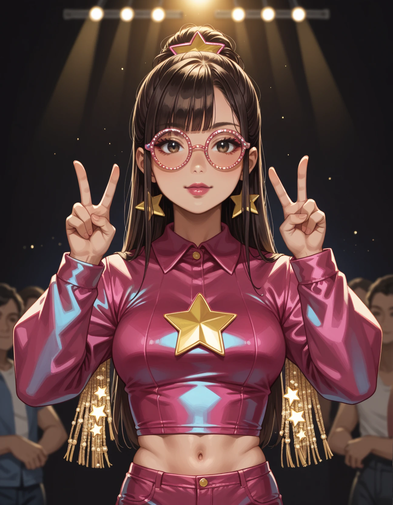 score_9, score_8_up, score_7_up, score_6_up, score_5_up, score_4_up, 1girl, makeup, lipstick, large breasts, Side-Swept Updo with Twisted Detail, hud_z1ggysd, pink sunglasses, round eyewear,  iridescent, multicolored crop top, fringe, long sleeves, midriff, shorts, star (symbol), upper body, <lora:ziggy_stardust:0.6>, stage lights, double v