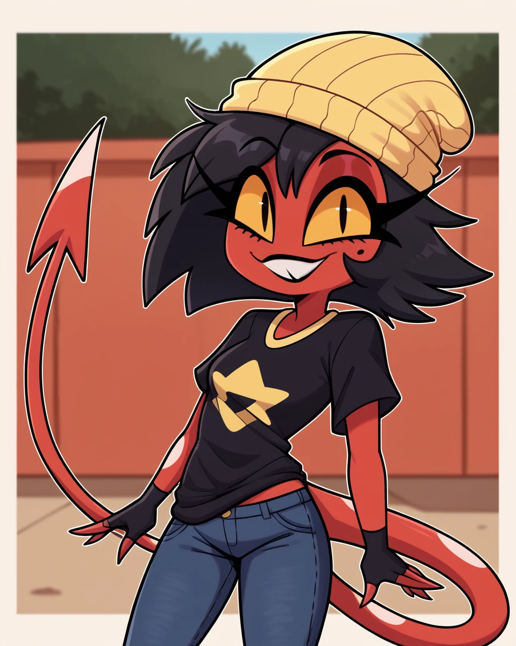 score_9, score_8_up, 1girl, smile, solo, millie, cute, black hair, red skin, yellow sclera, slit pupils, demon tail, hat, beanie, black shirt, t-shirt, baggy t-shirt, circle, fingerless gloves, jeans, looking at viewer, standing, detailed background, depth of field, outdoors, upper body, <lora:Millie_PDXL:1>