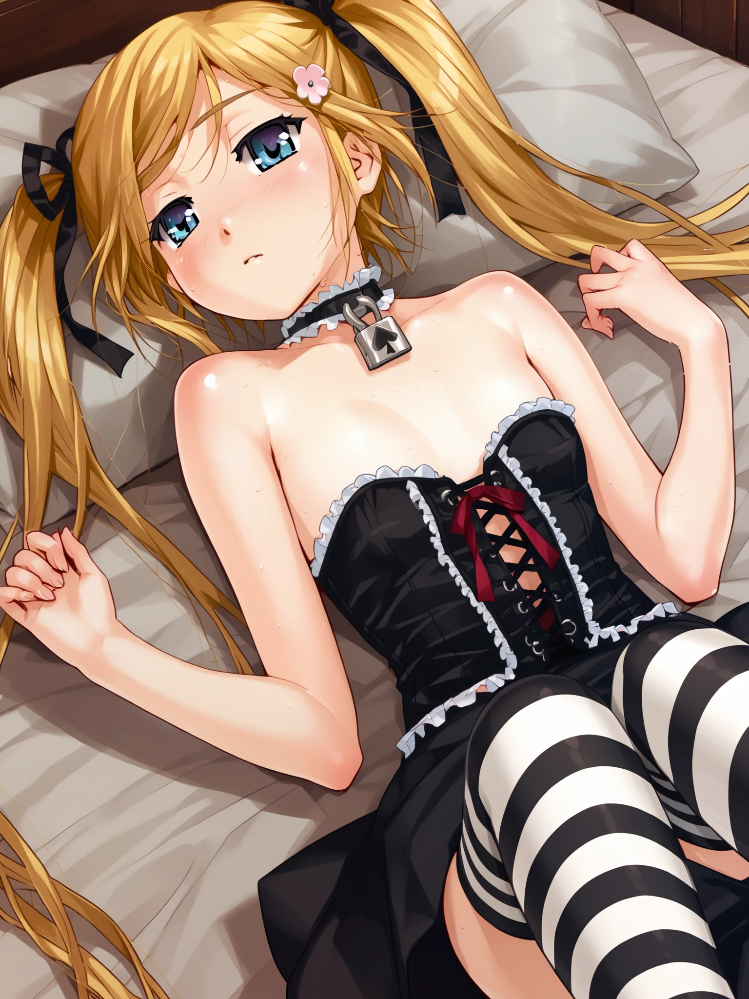 <lora:happy_tentacle-mafuyu-v0.2-000030:1>, ht_mafuyu, blonde hair, hairclip, corset, black dress, black skirt, black thighhighs, striped thighhighs, choker, padlocked collar, bare shoulders, bedroom , 1girl, solo, upper body , wide-eyed , (emotionless :1), , looking at viewer , lying , from behind , score_9, score_8_up, score_7_up, score_6_up, score_5_up, score_4_up