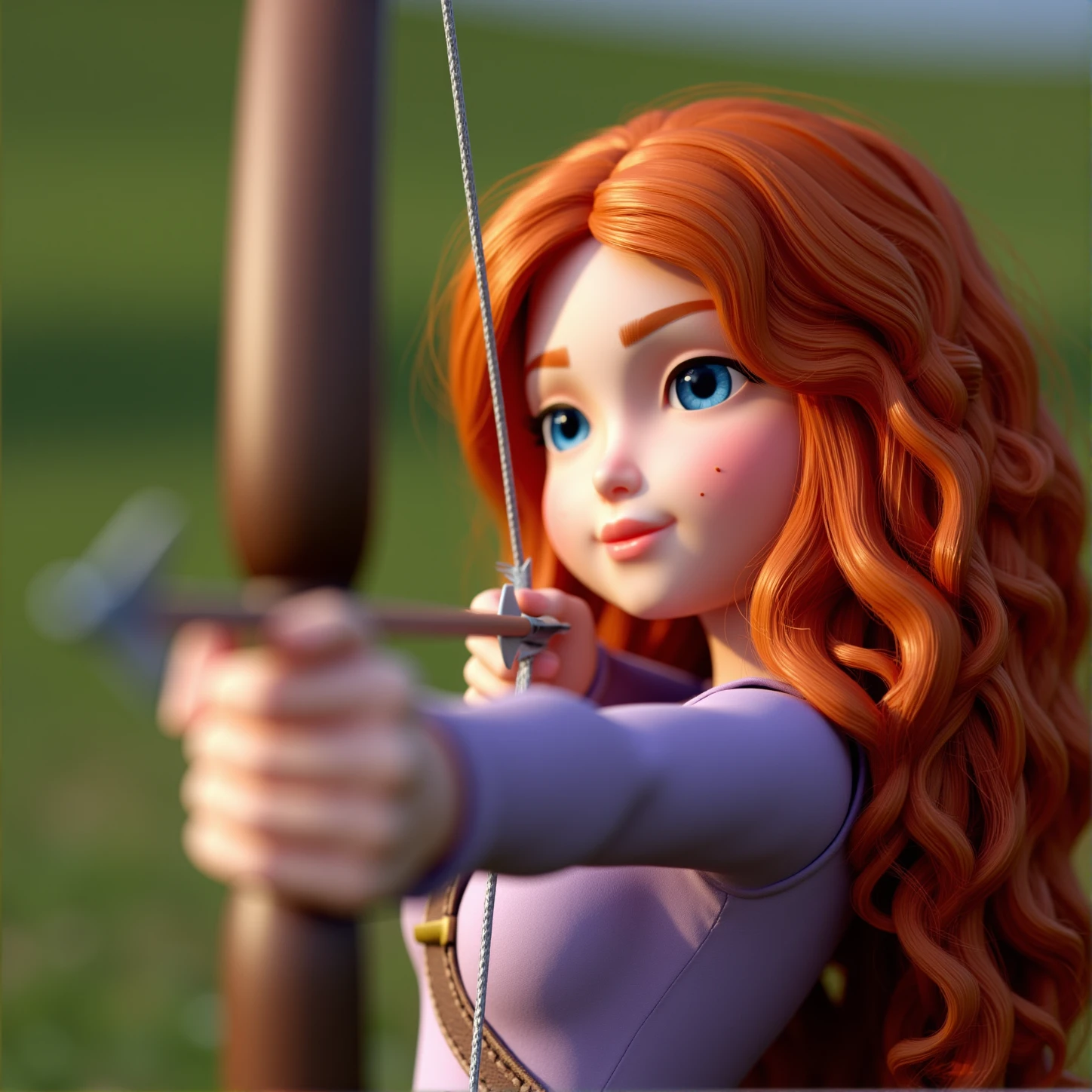 <lora:bow and arrow v1:1>
Archery a closeup of a doll face woman with red hair holding a bow and arrow, 1girl, solo, long hair, blue eyes, long sleeves, holding, weapon, red hair, parted lips, holding weapon, orange hair, blurry, depth of field, blurry background, wavy hair, freckles, bow (weapon), blurry foreground, arrow (projectile), holding bow (weapon), aiming, drawing bow, bow to shoot arrows, perfect hands, detailed hands, detailed image, sharp image, perfection, different, closeup, curly hair, holding arrow