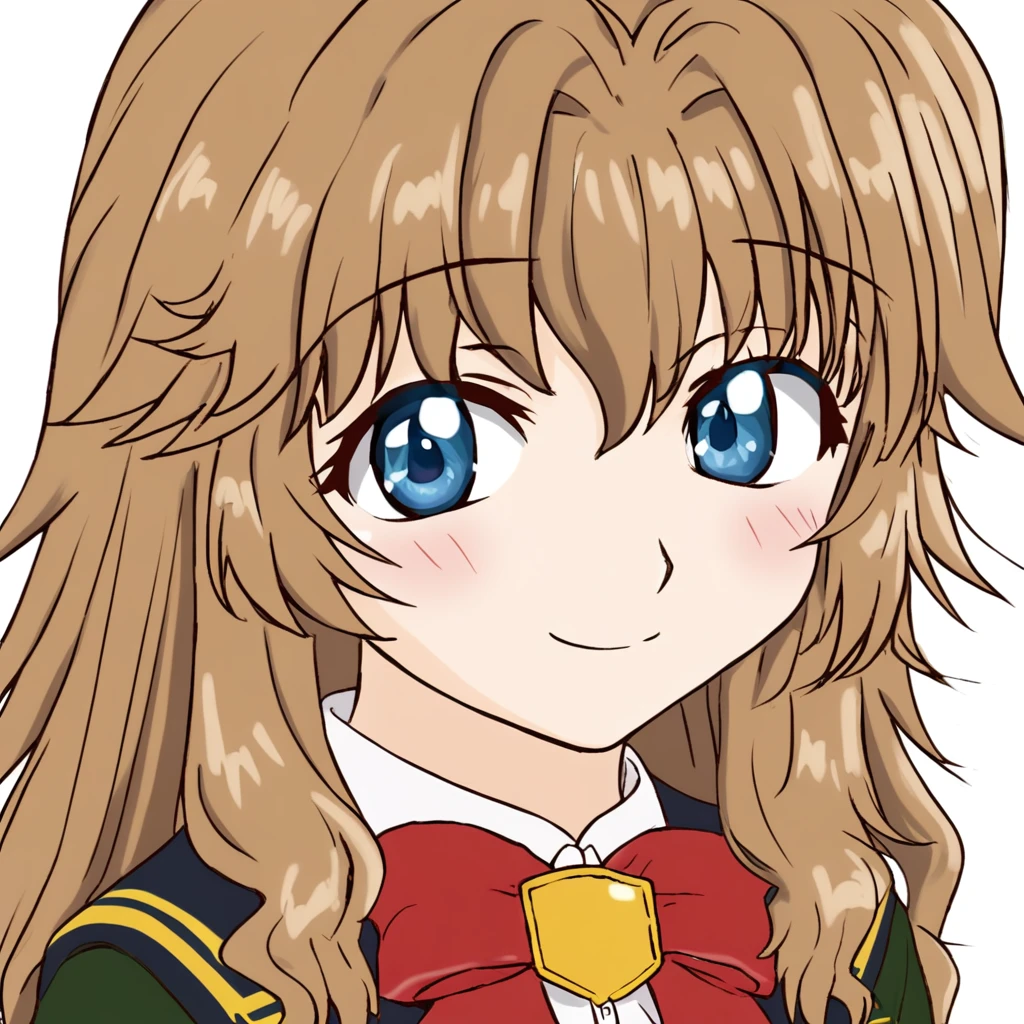 mobile suit gundam 00, chall acustica, 1girl, solo, blue eyes, long hair, white background, school uniform, smile, brown hair, simple background, bow, upper body, jacket, looking at viewer, blush, red bow, shirt, bowtie, green jacket, red bowtie