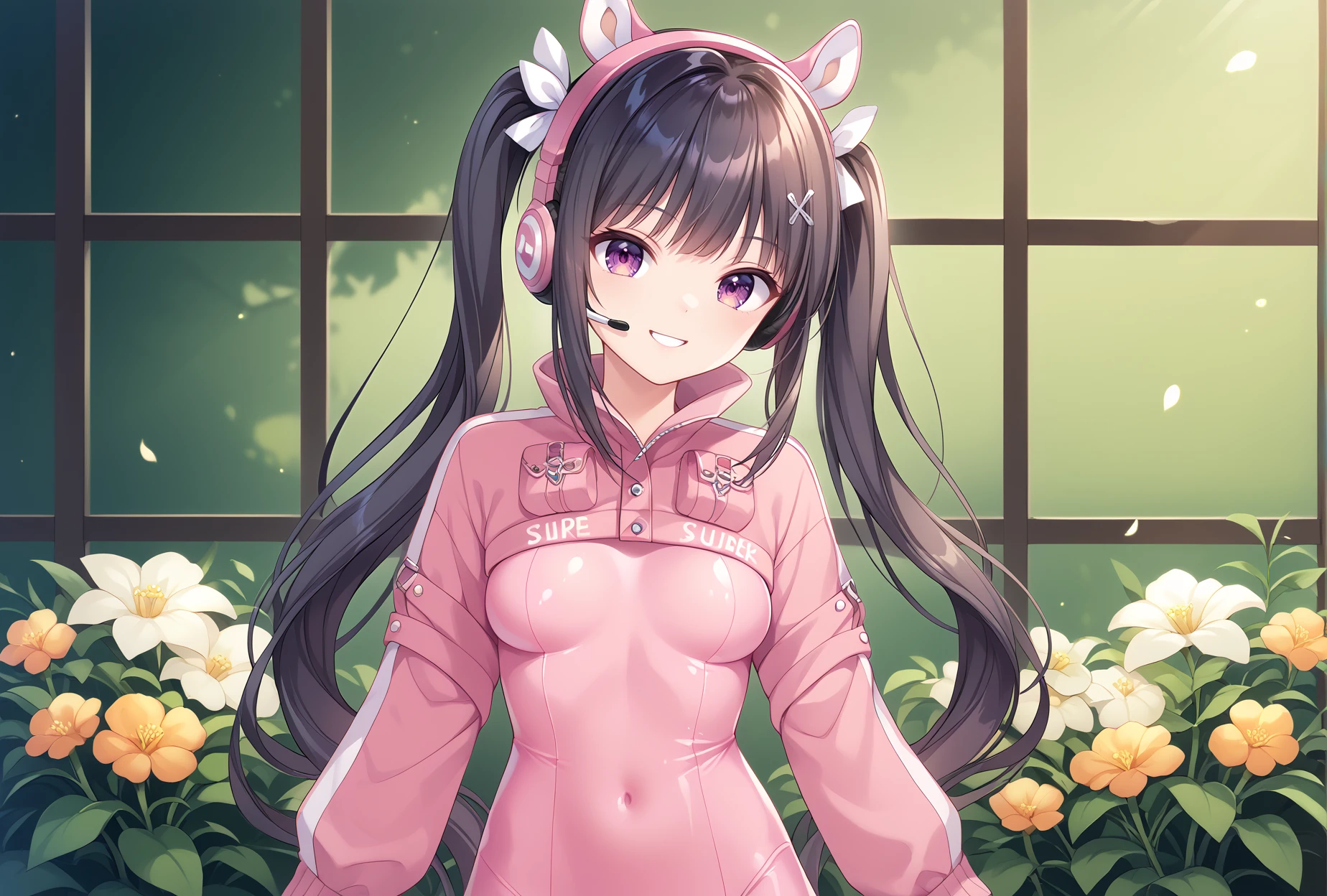 score_9, score_8_up, score_7_up, score_6_up, score_5_up, score_4_up,anime source,
ensemble style,rin(ensemble),1girl,black hair,long hair,purple eyes,hair ornament, hair ribbon,
garden,smile,
pink bodysuit,shrug \(clothing\),long sleeves,
animal ear headphones, fake animal ears, headset <lora:RinXLPony:1>,<lora:AliceNikkesuitXLPony:1>