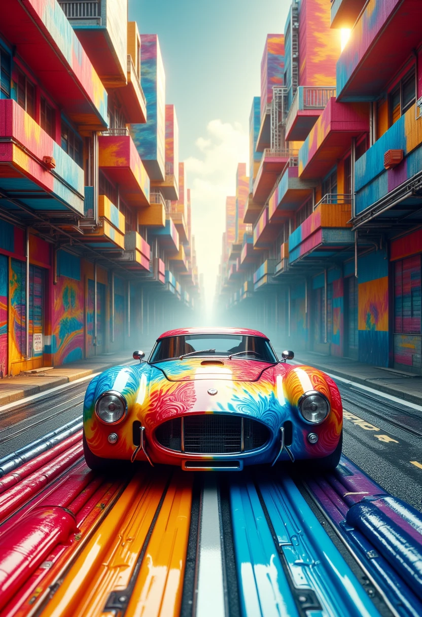 <lora:tiedye:1> eptiedyeworld car racing past through a eptiedyeworld city with winding roads